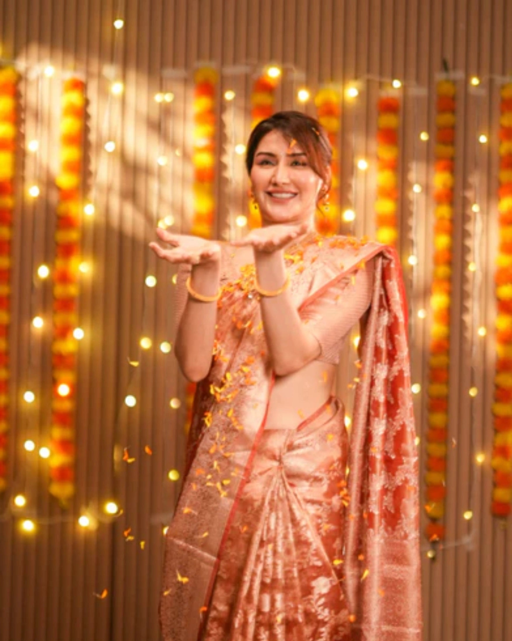 Orange Banarasi Silk Saree with Pure Gold Zari Floral Weaving and Matching Checked Blouse