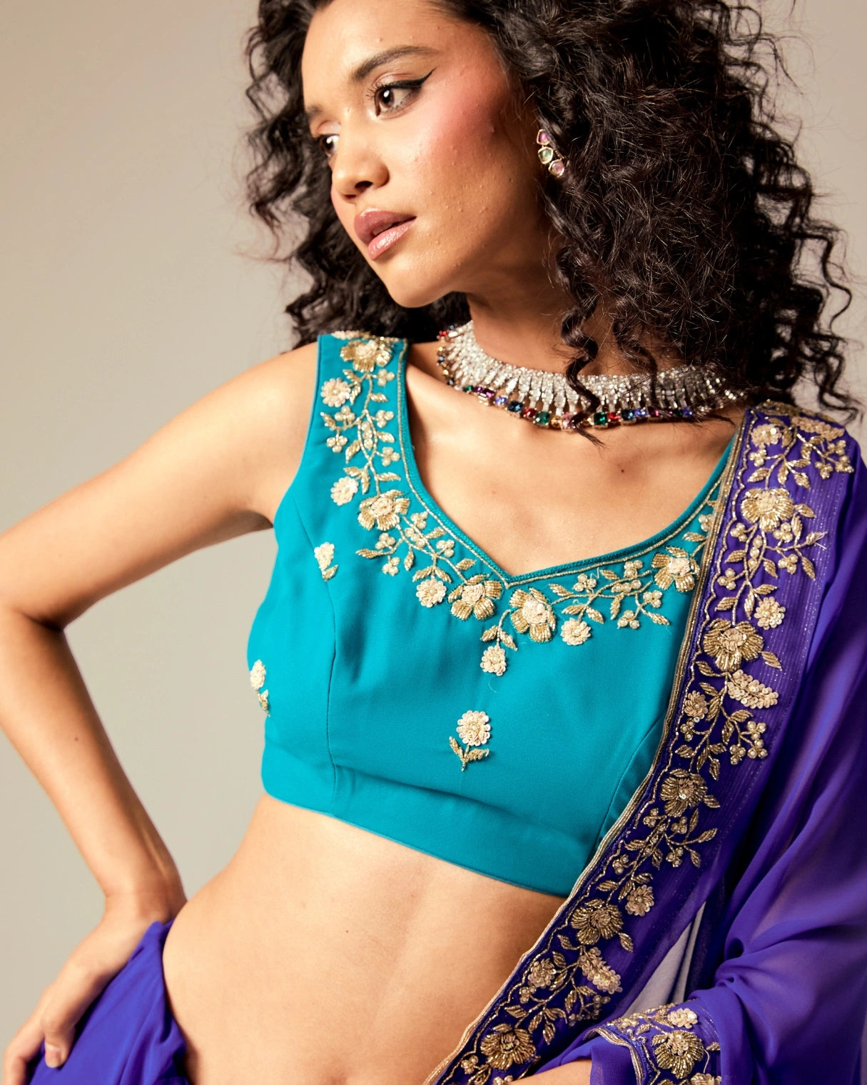 Dark Blue and Bule Dual Tone Hand Embroidered Georgette Saree with Blue Embroidery Blouse