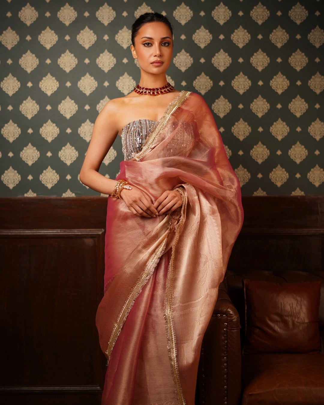 Copper Brown Shimmer Tissue Saree with Zari and Lace Border Work