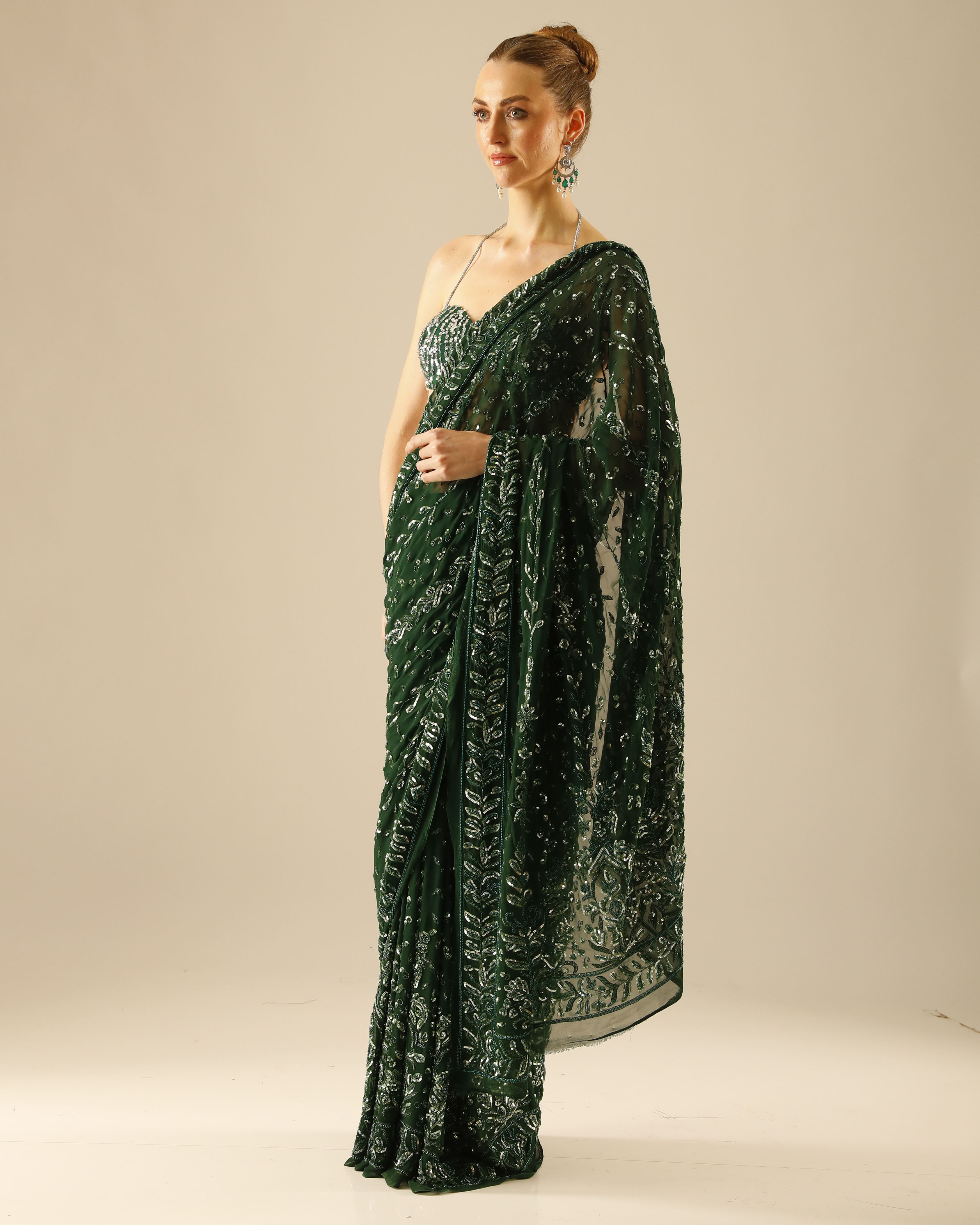 Emerald Green Hand-Embroidered Georgette Saree Set with Cut Dana and Sequin Work