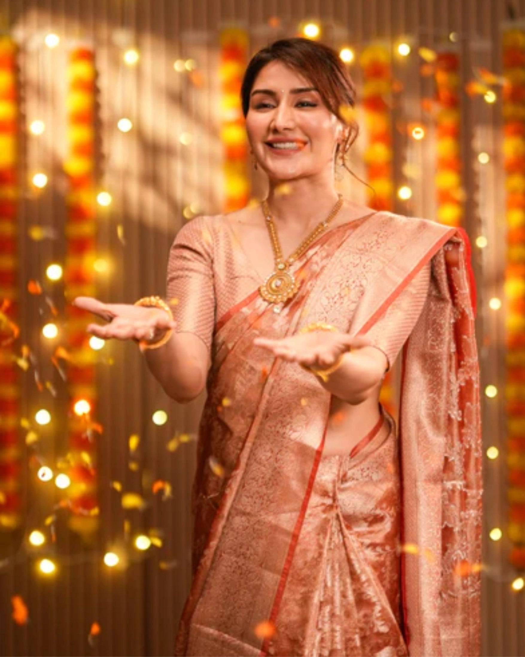 Orange Banarasi Silk Saree with Pure Gold Zari Floral Weaving and Matching Checked Blouse