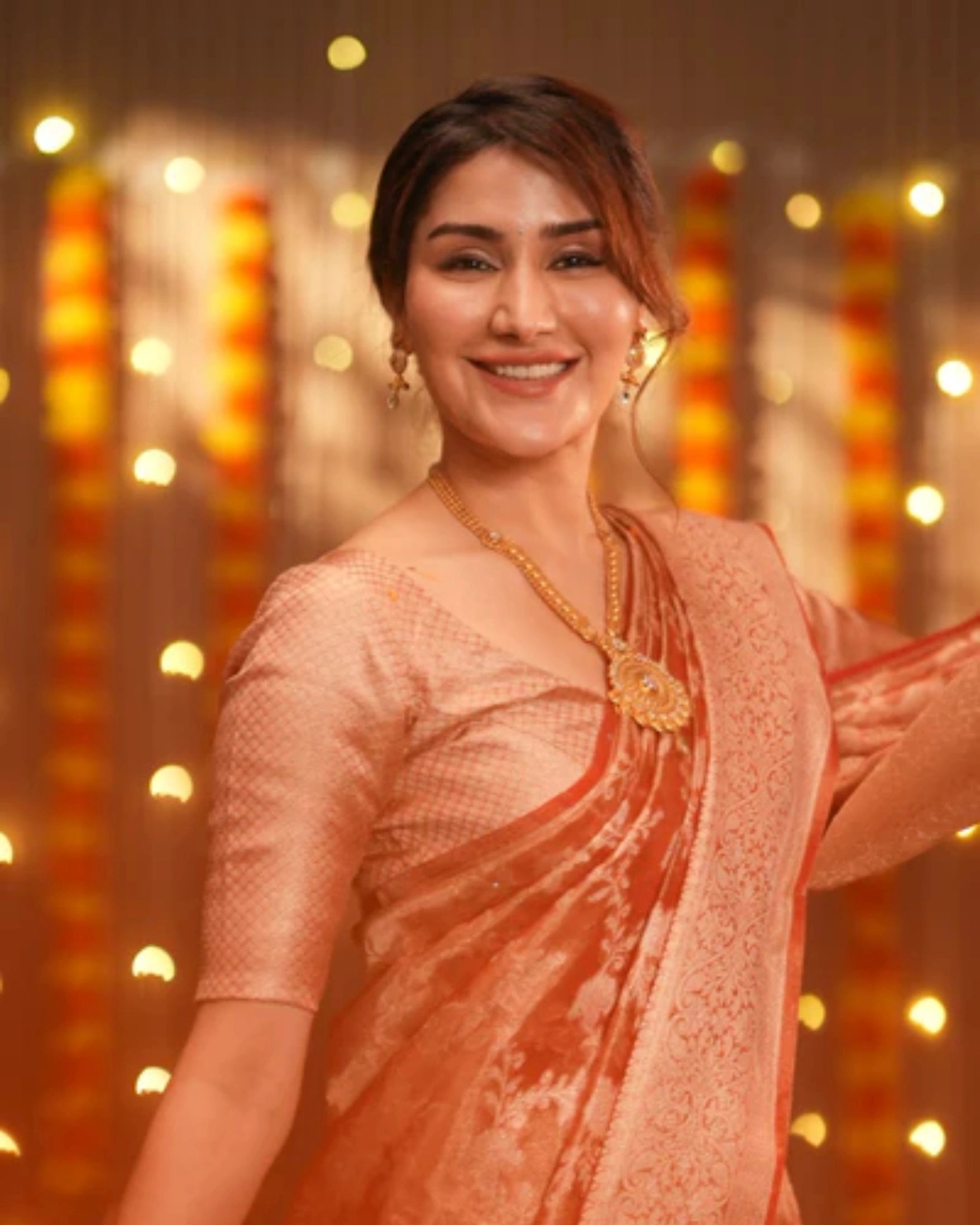 Orange Banarasi Silk Saree with Pure Gold Zari Floral Weaving and Matching Checked Blouse