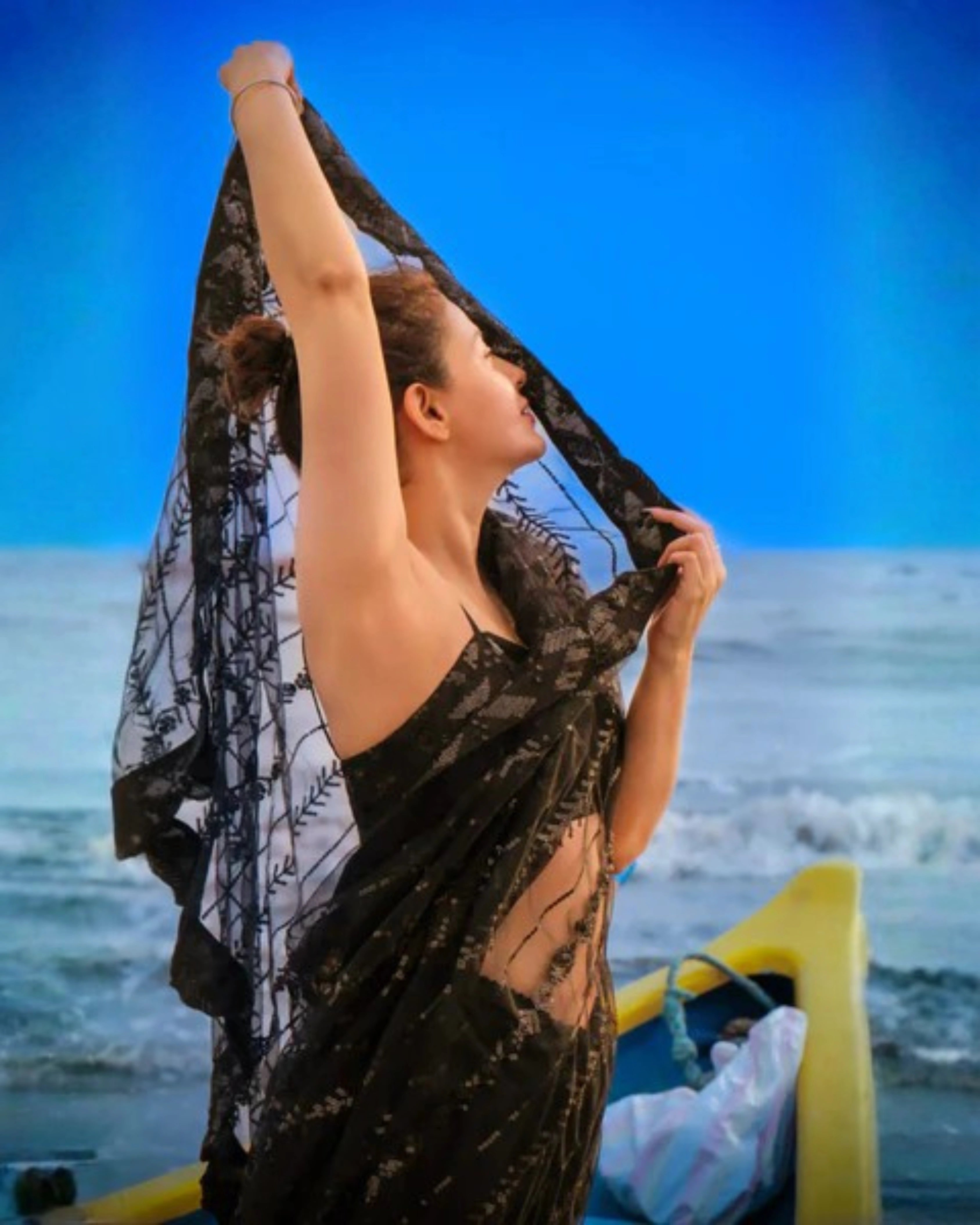 Black Net Saree with All Over Sequin Embroidery Work and Matching Sequin Blouse