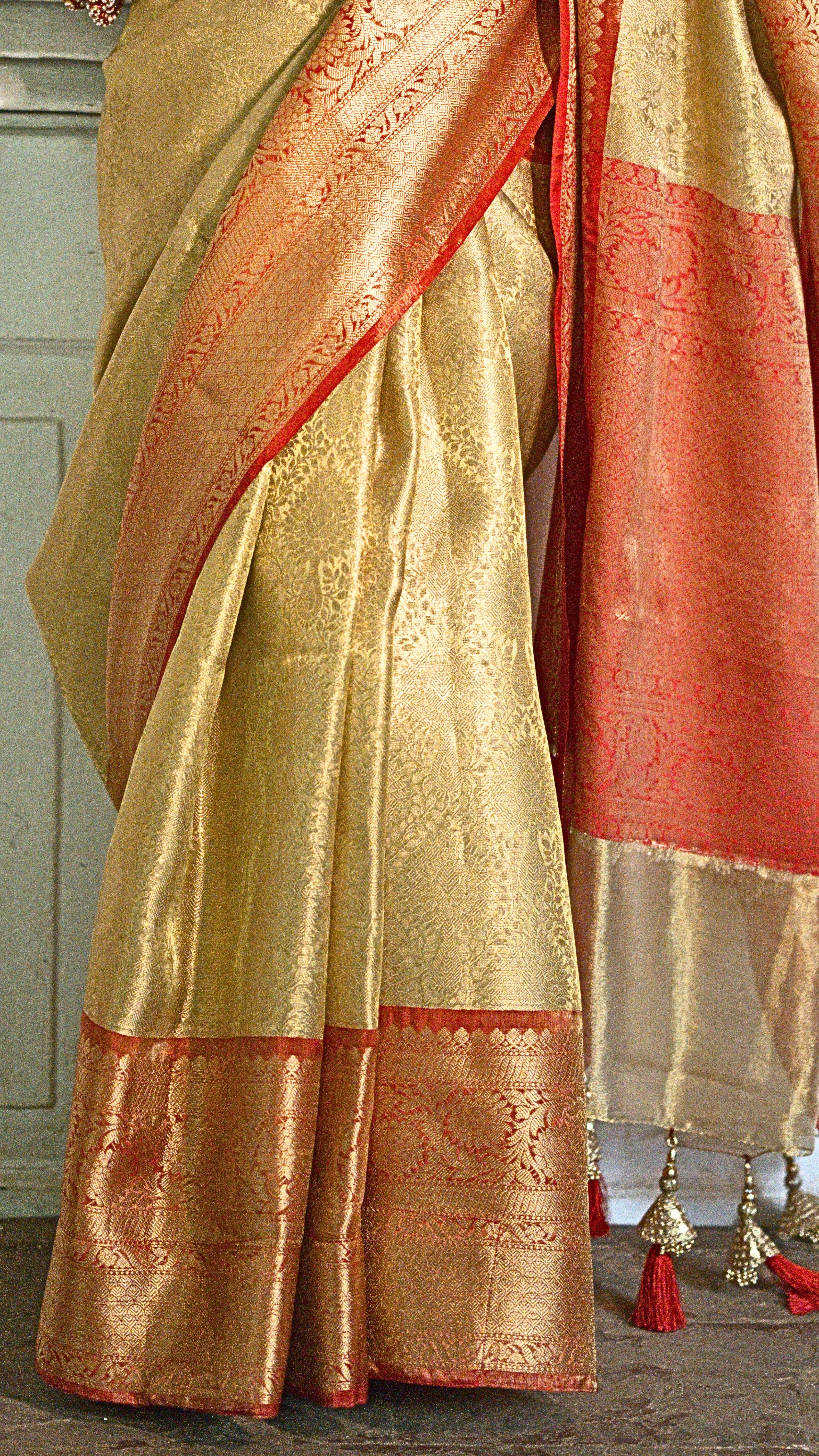 Gold Pure Banarasi Silk Saree with Orange Zari Border and Contrast Orange Blouse