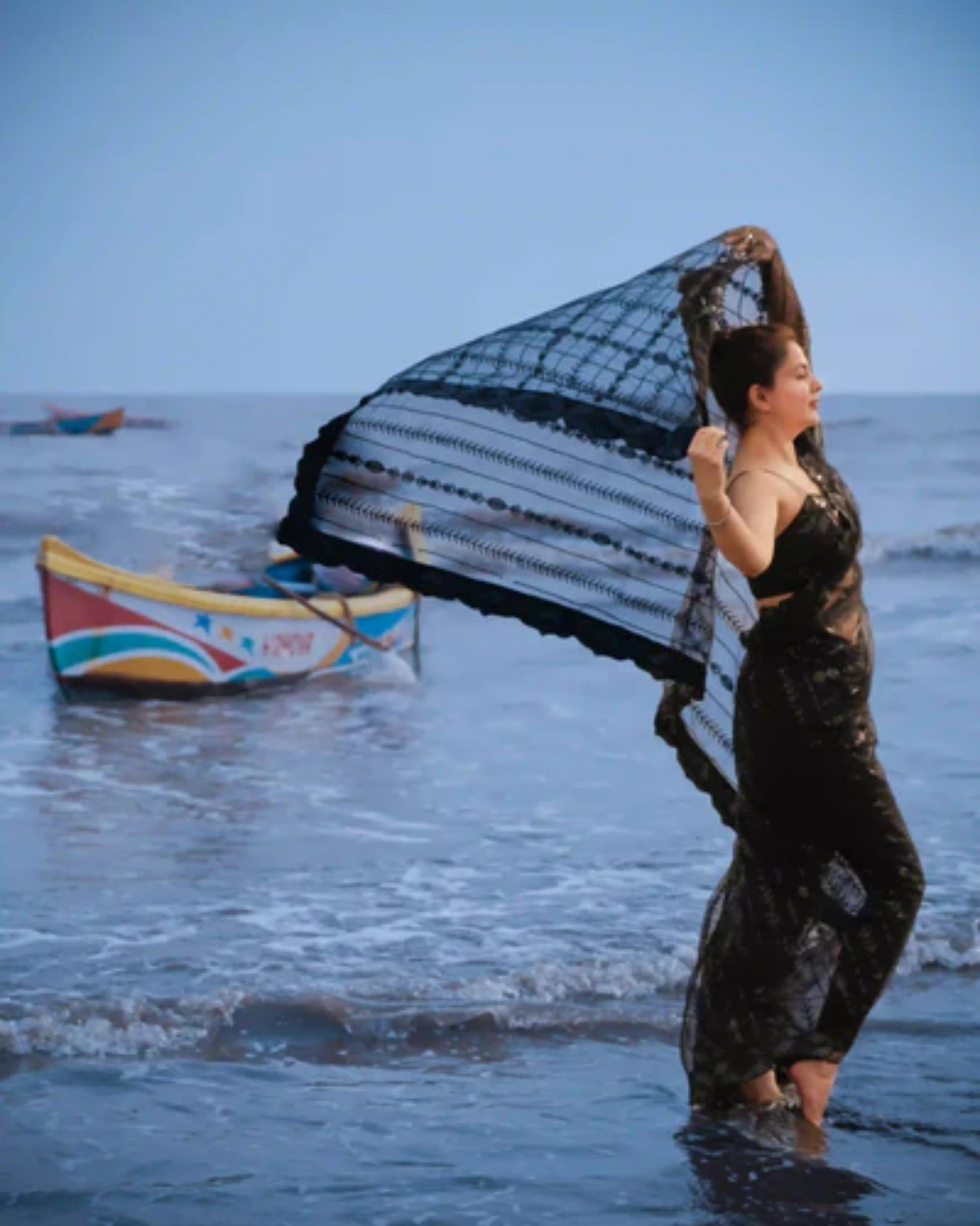 Black Net Saree with All Over Sequin Embroidery Work and Matching Sequin Blouse