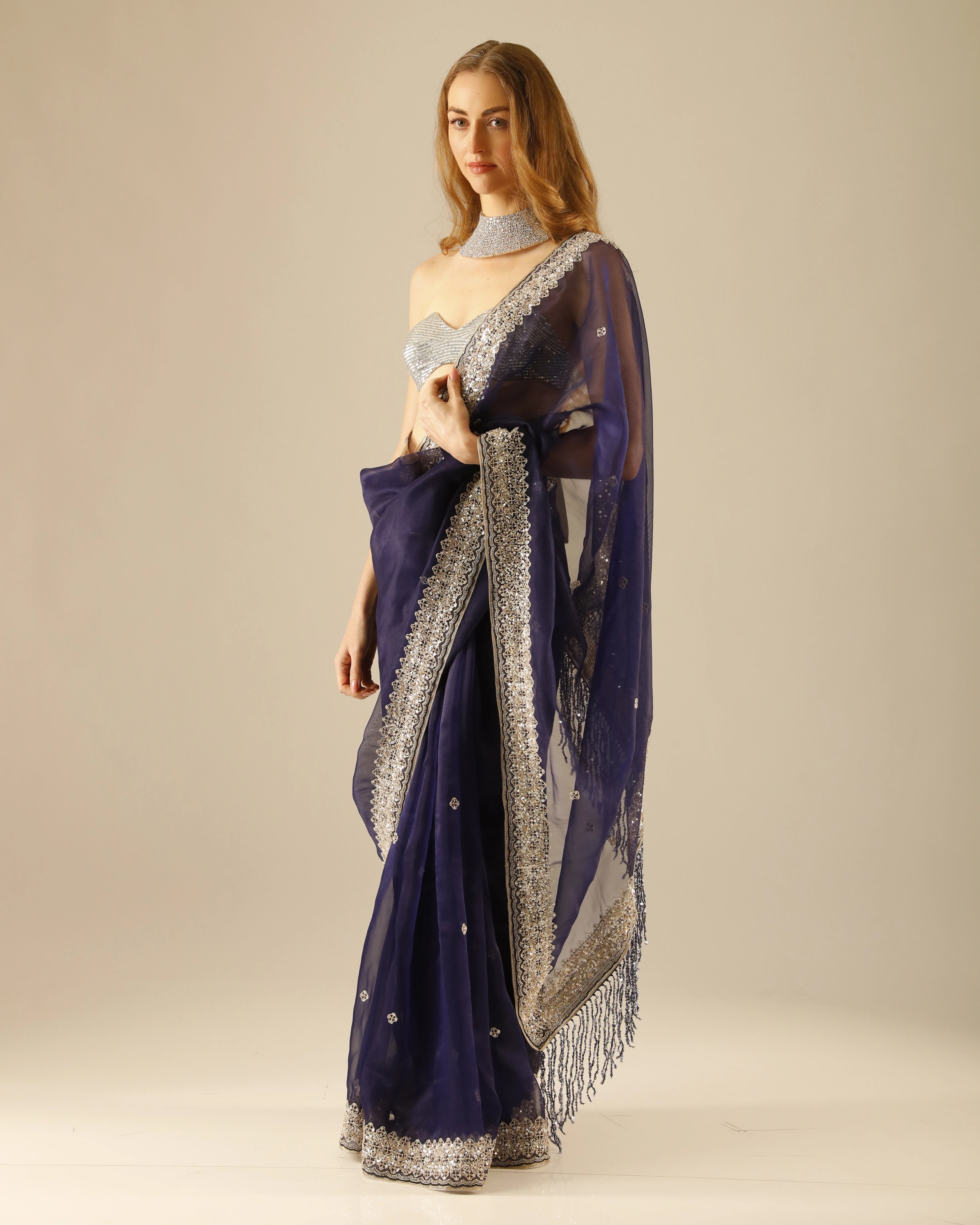 Navy Blue Georgette Hand-Embroidered with All-Over Chita Work