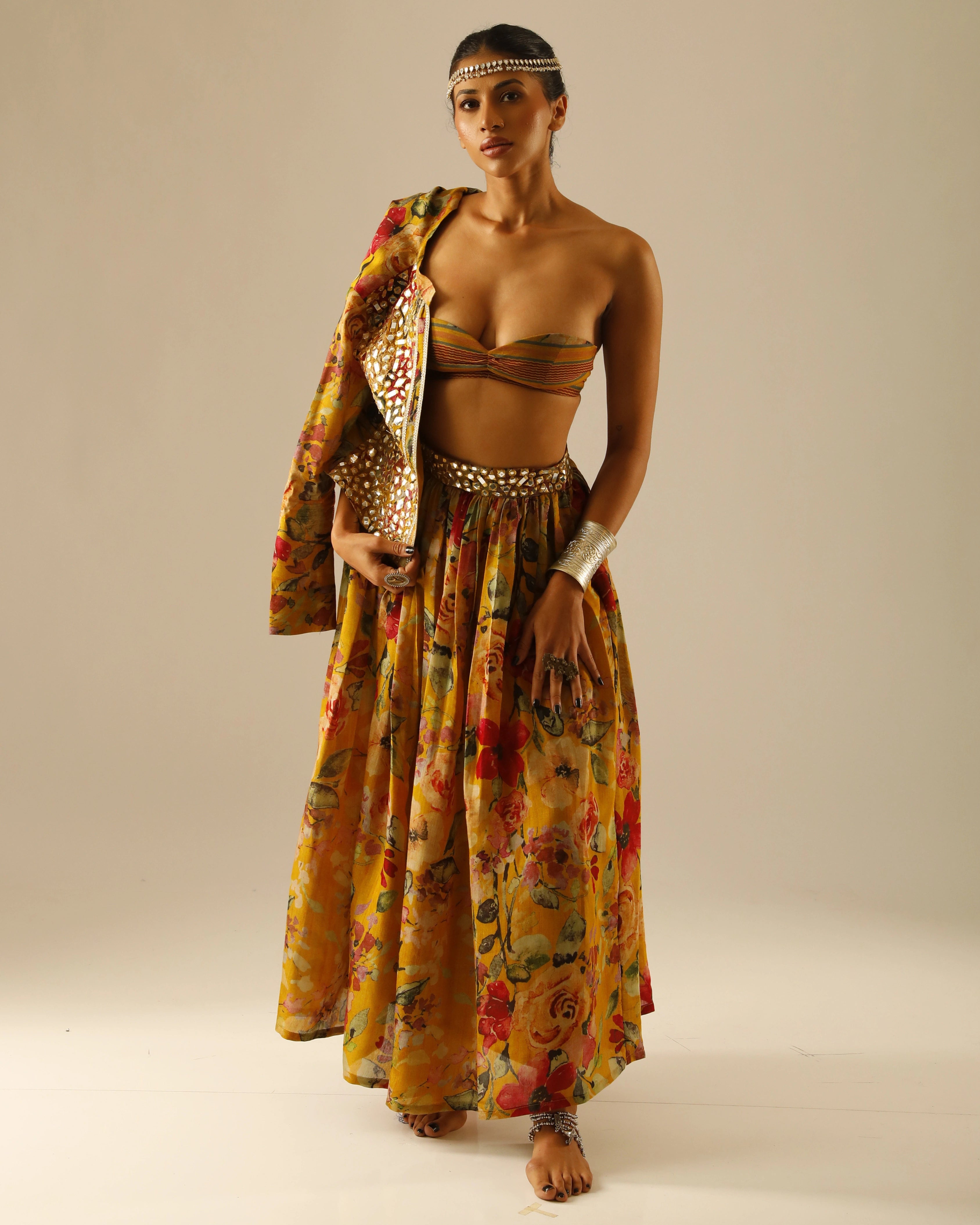 Yellow Silk Floral Skirt and Jacket Set with All Over Mirror Work