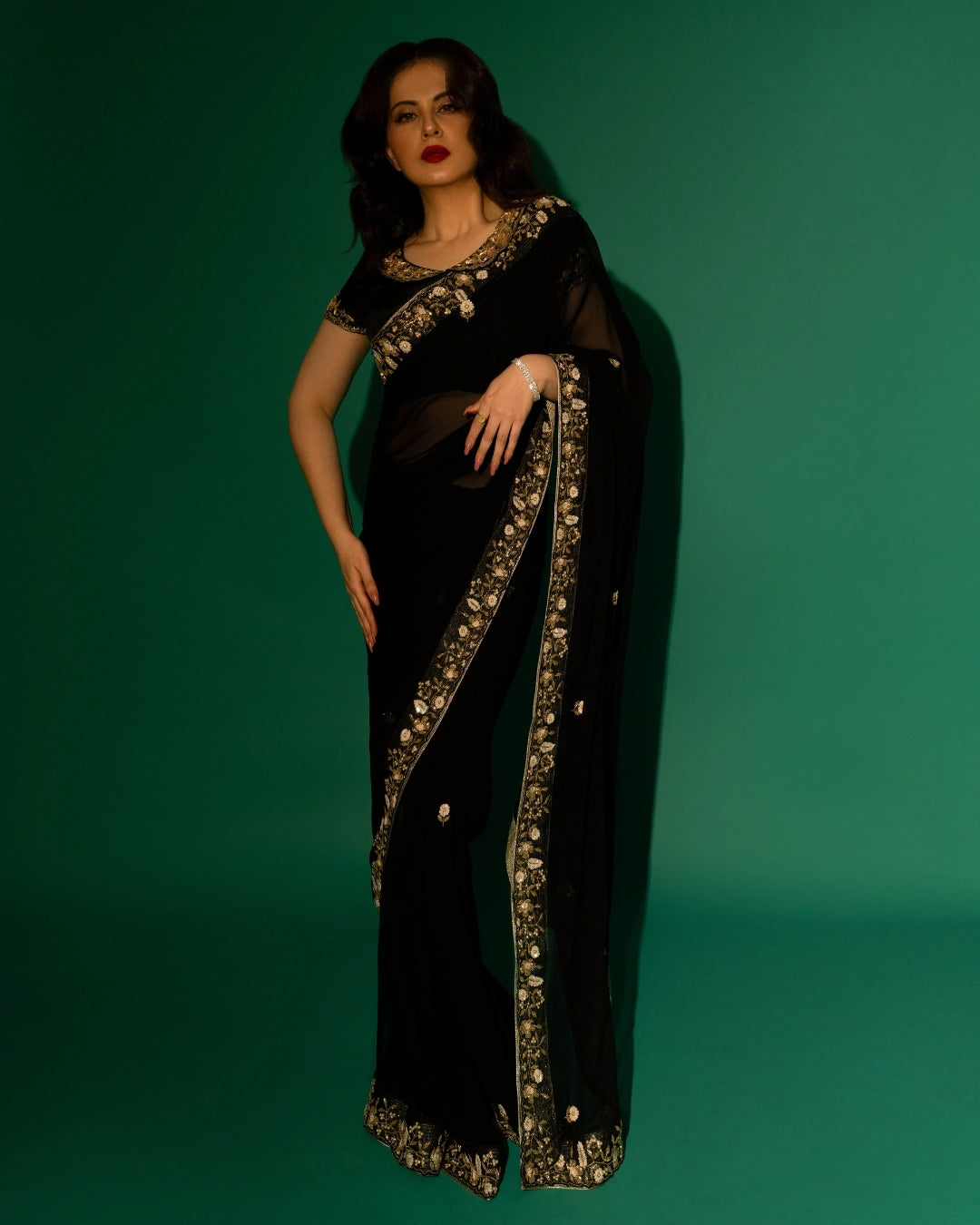 Black Hand Embroidered Georgette Saree and Matching Floral Embroidered Blouse