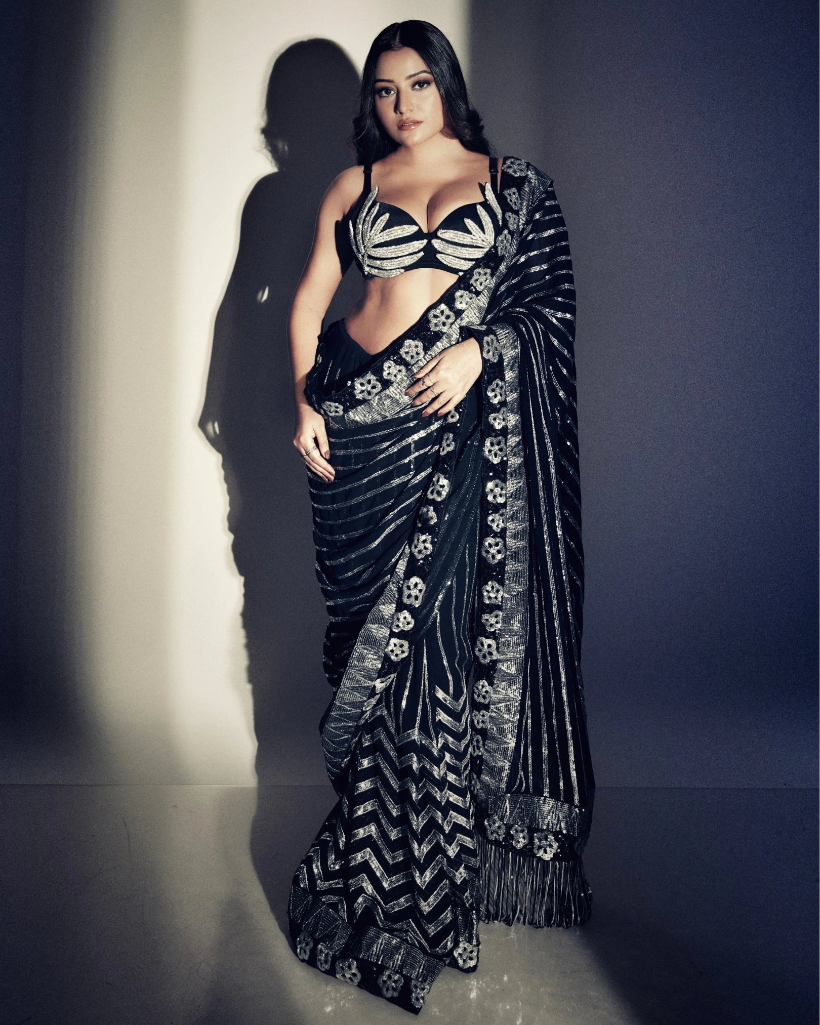 Black and Silver All-Over Chevron Sequin Saree with Silver Leaf Embroidery Blouse