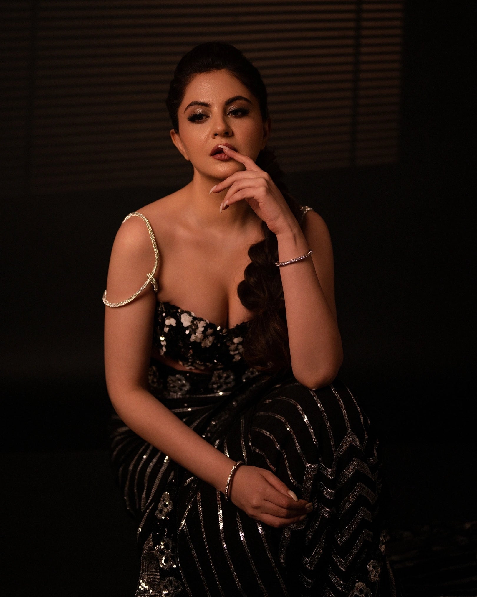 Black and Silver All-Over Chevron Sequin Saree with Silver Embroidery Blouse