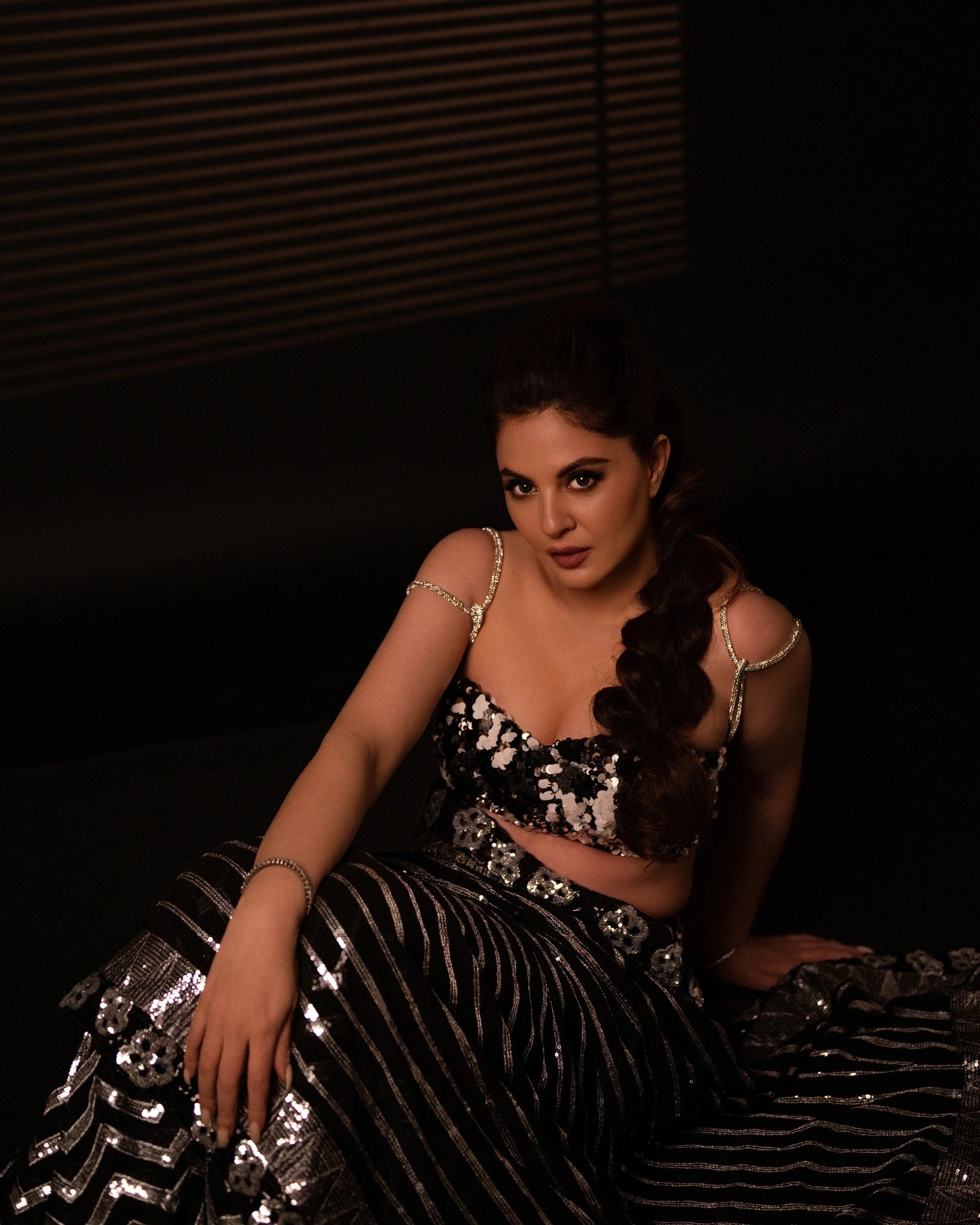 Black and Silver All-Over Chevron Sequin Saree with Silver Embroidery Blouse