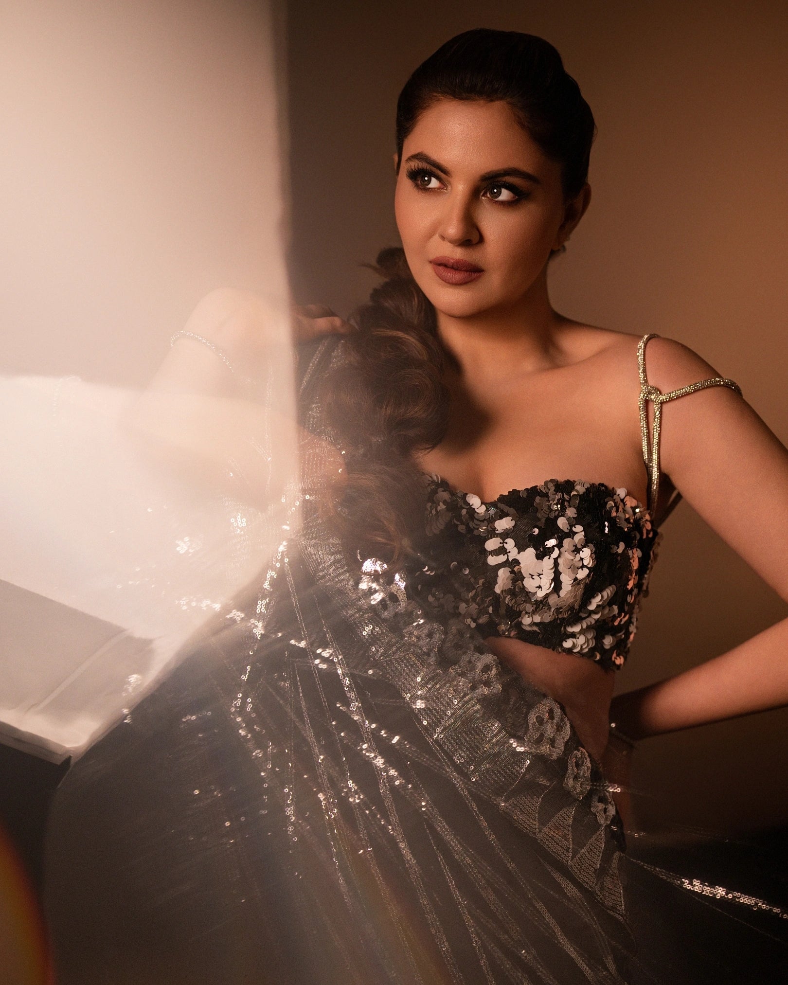 Black and Silver All-Over Chevron Sequin Saree with Silver Embroidery Blouse