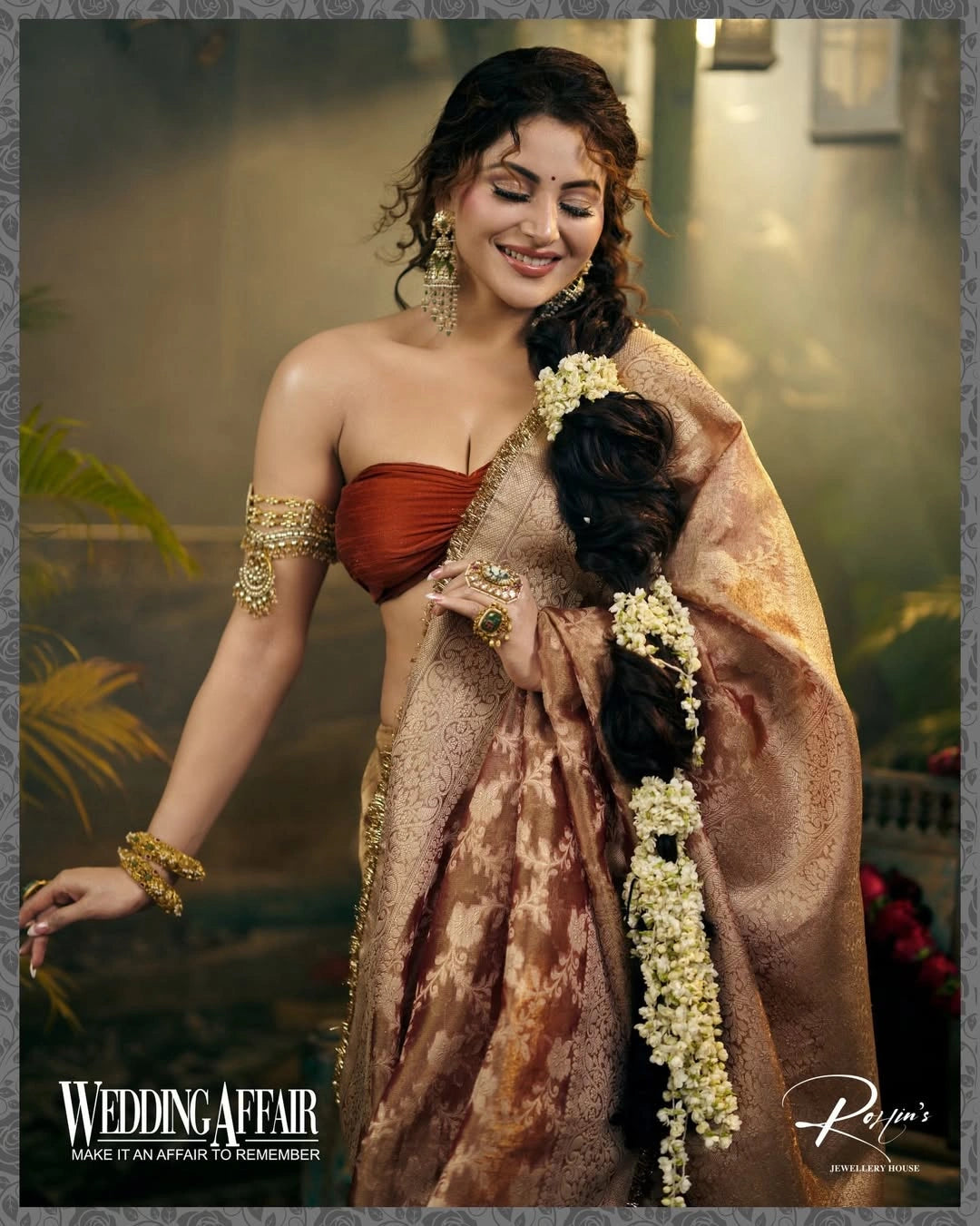 Orange Banarasi Silk Saree with Pure Gold Zari Floral Weaving and Matching Checked Blouse