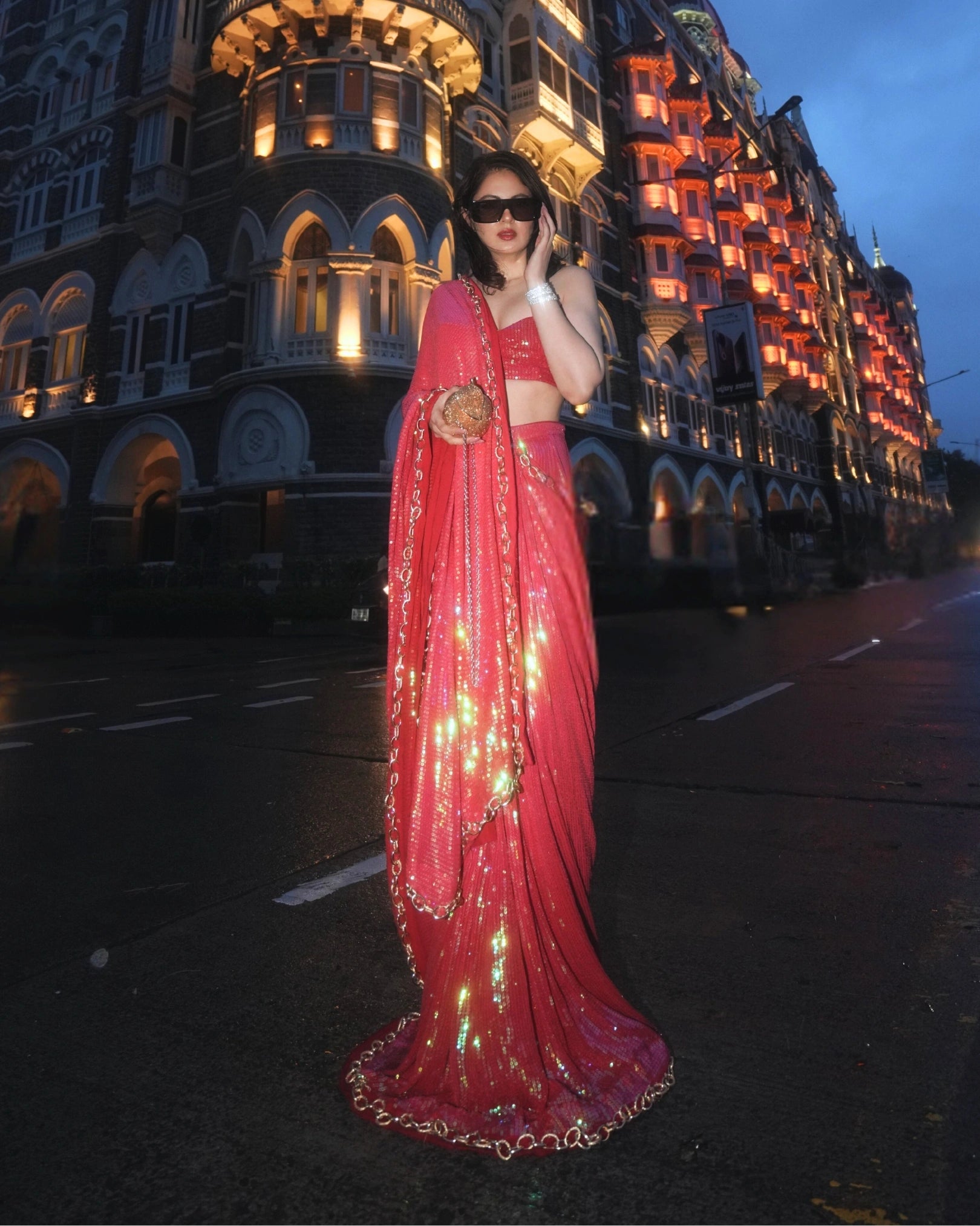 Hot Pink Sequin Georgette saree with Chain Border Work and Matching Blouse