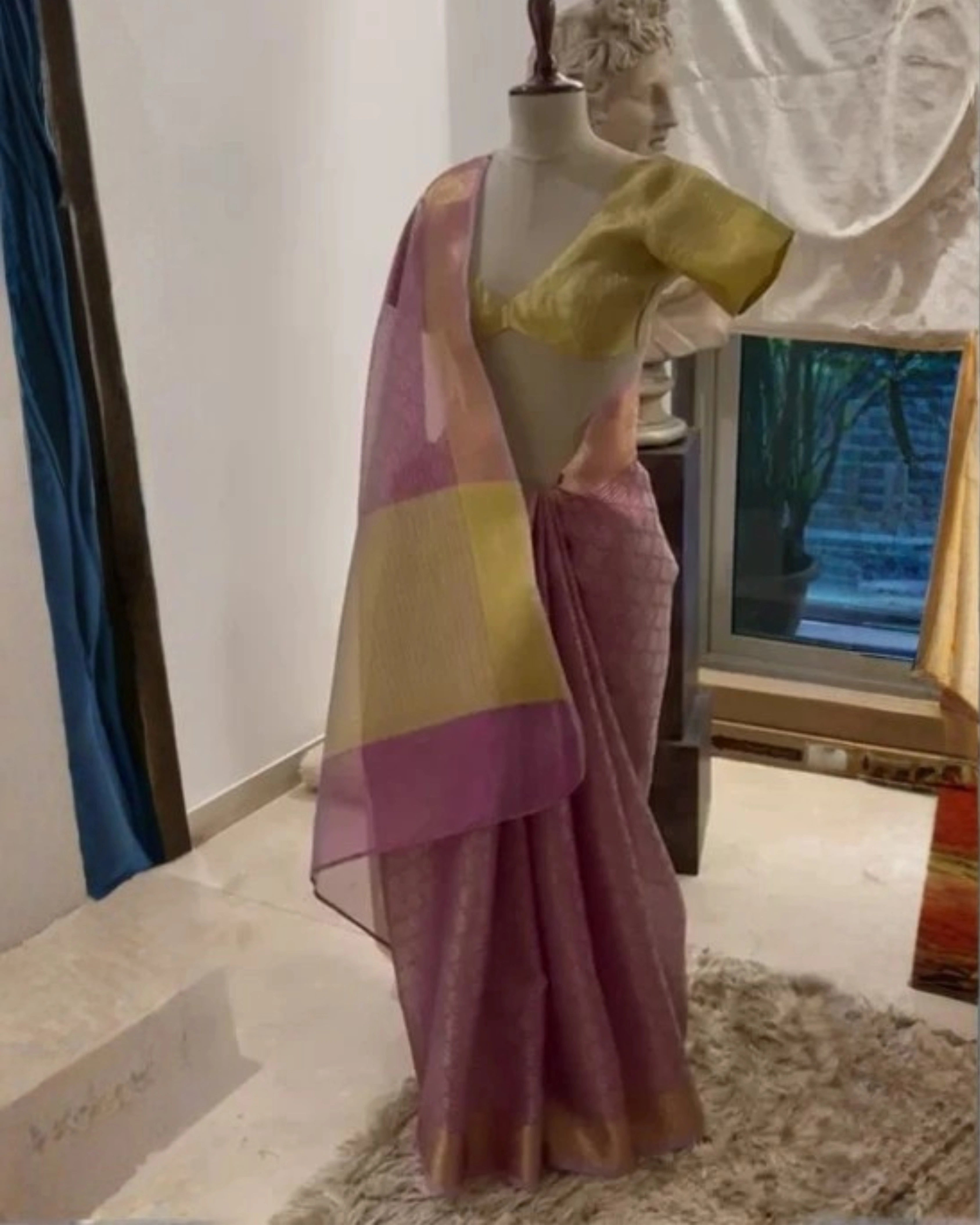 Baby Pink Tissue Draped Dhoti with Gold Border and Ivory Dupatta
