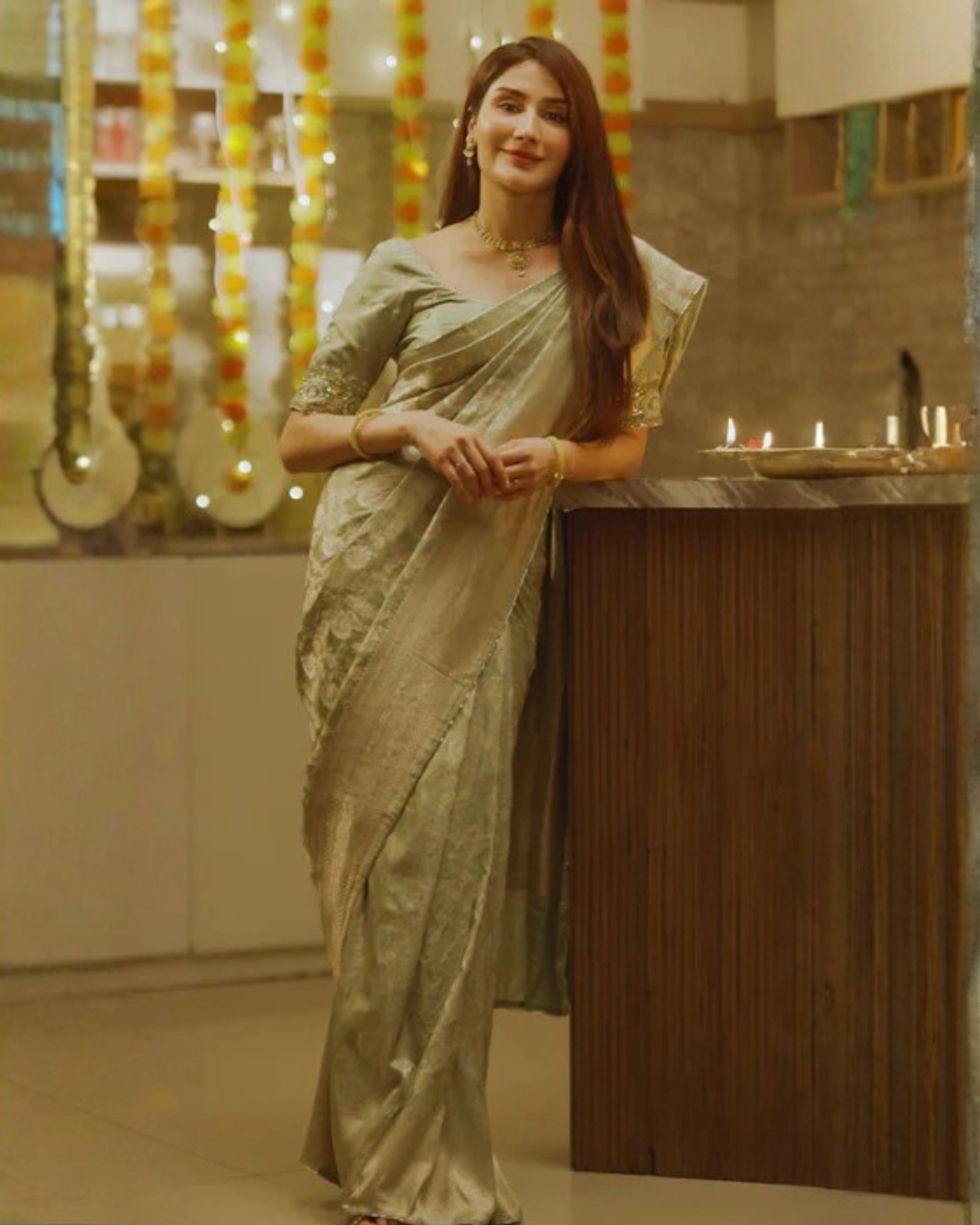 Sage Green Draped Silk Dhoti with Golden Floral Design