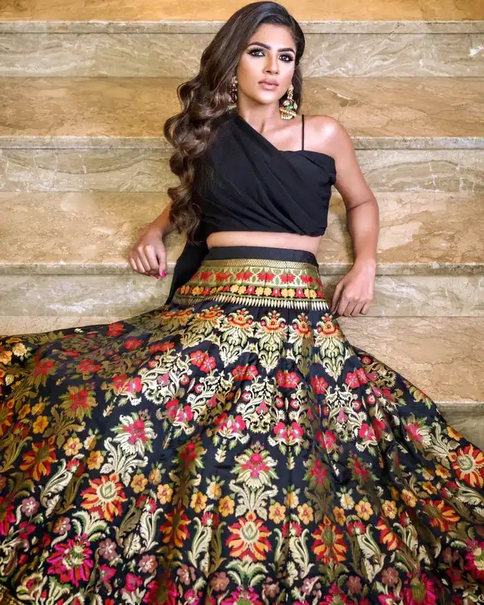 Midnight Black Banarasi Silk Lehenga Choli with Brocade Pattern & Georgette Blouse