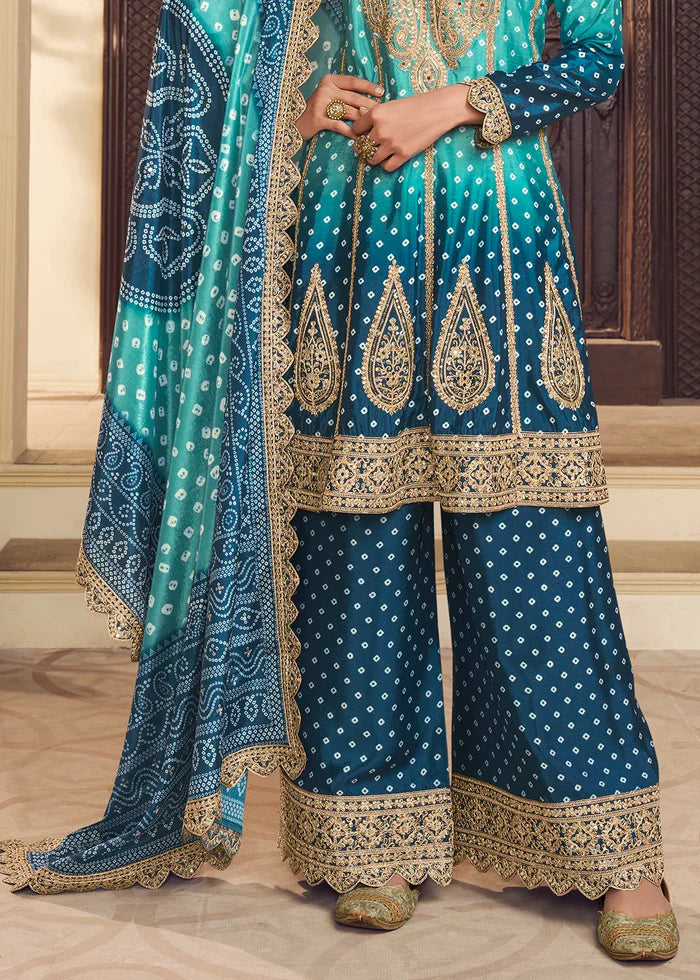 Blue Silk Salwar Kameez with Bandhani Print and Mirror Embroidery