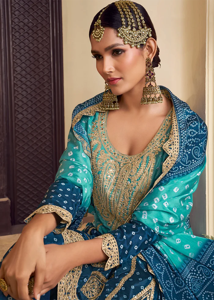 Blue Silk Salwar Kameez with Bandhani Print and Mirror Embroidery