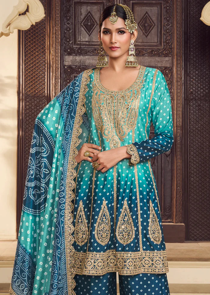 Blue Silk Salwar Kameez with Bandhani Print and Mirror Embroidery