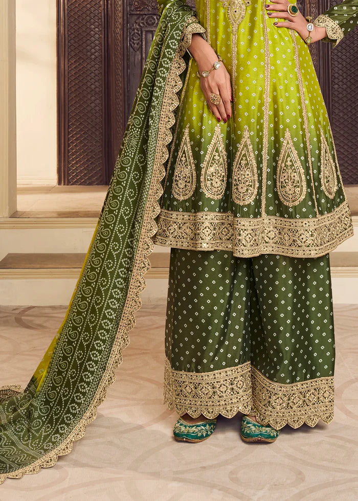 Blue Silk Salwar Kameez with Bandhani Print and Mirror Embroidery