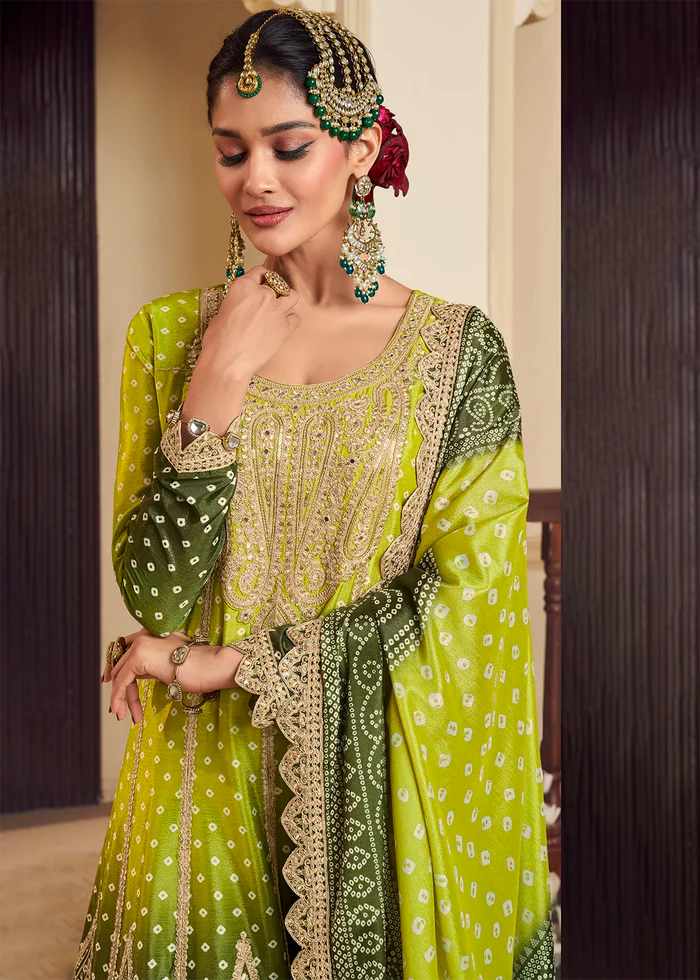 Blue Silk Salwar Kameez with Bandhani Print and Mirror Embroidery