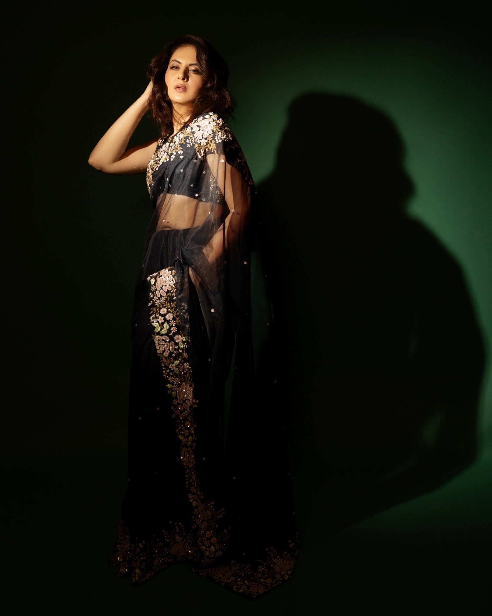 Navy Blue Silk Organza Zardozi Sequins Saree with Bead Handwork and Matching Floral Blouse