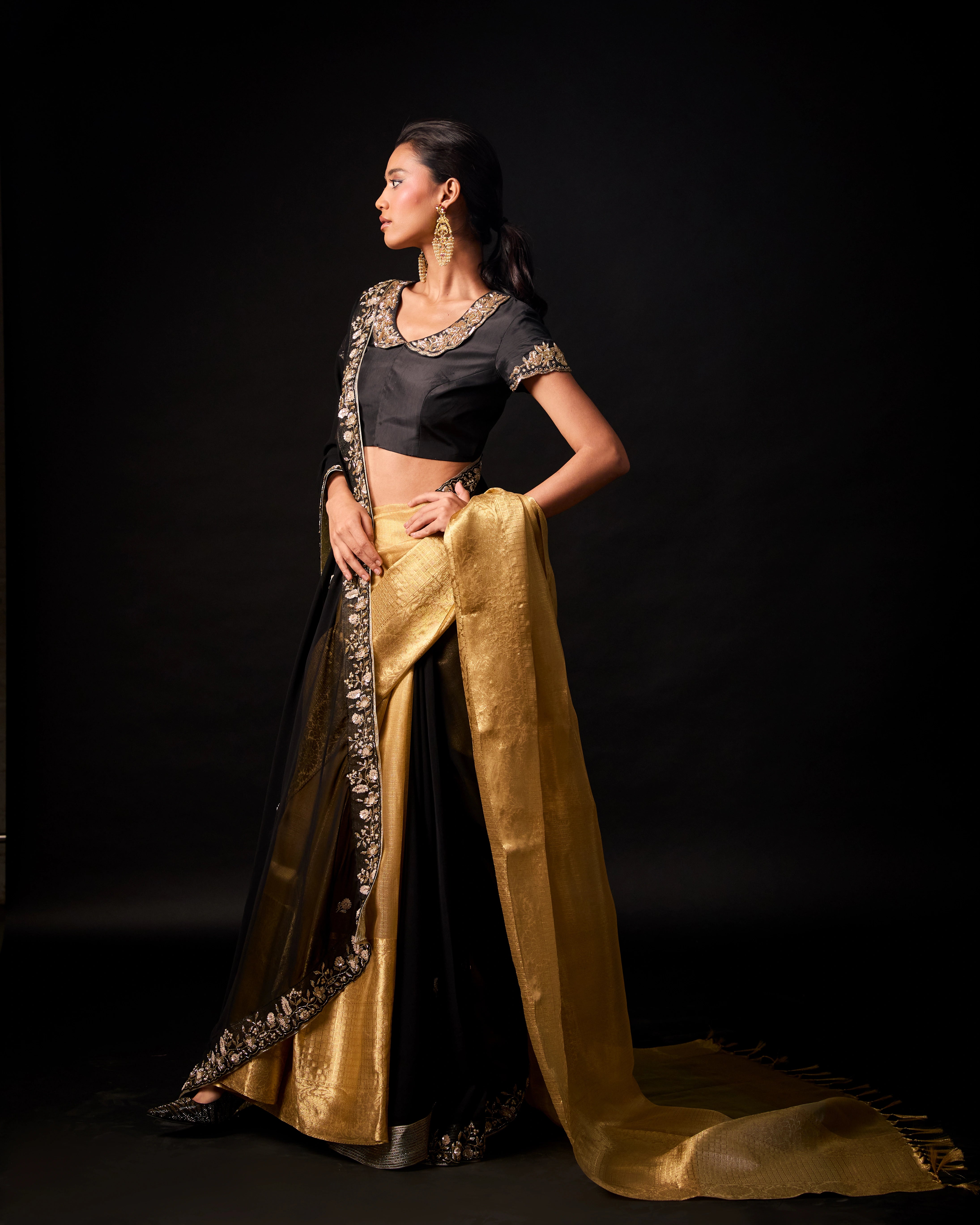 Black Georgette Drape Saree with Gold Banarasi Silk and Silk Hand Embroidered Blouse