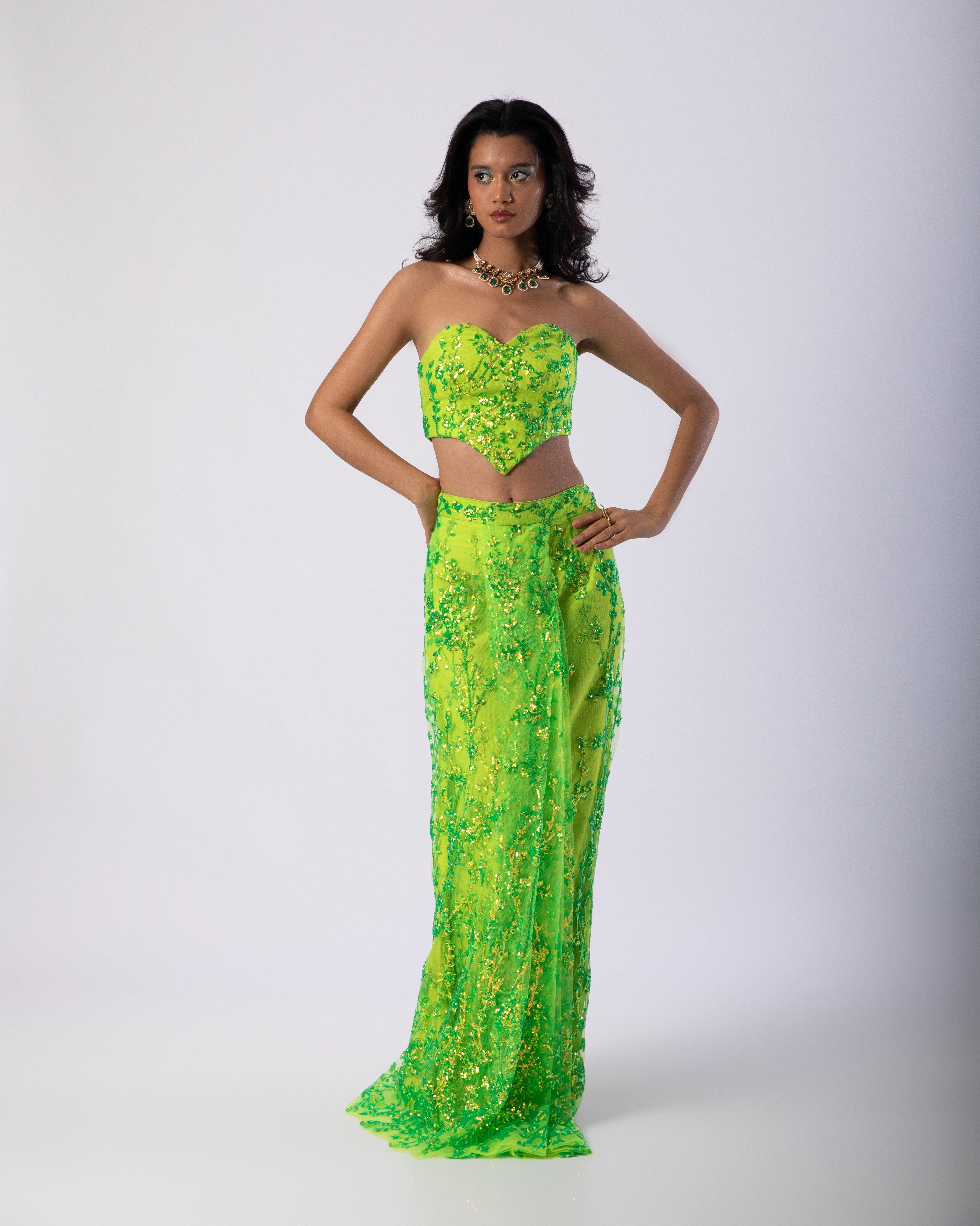 Fluorescent Green Sheza Skirt and Blouse Co-ord Set by Label Nonita