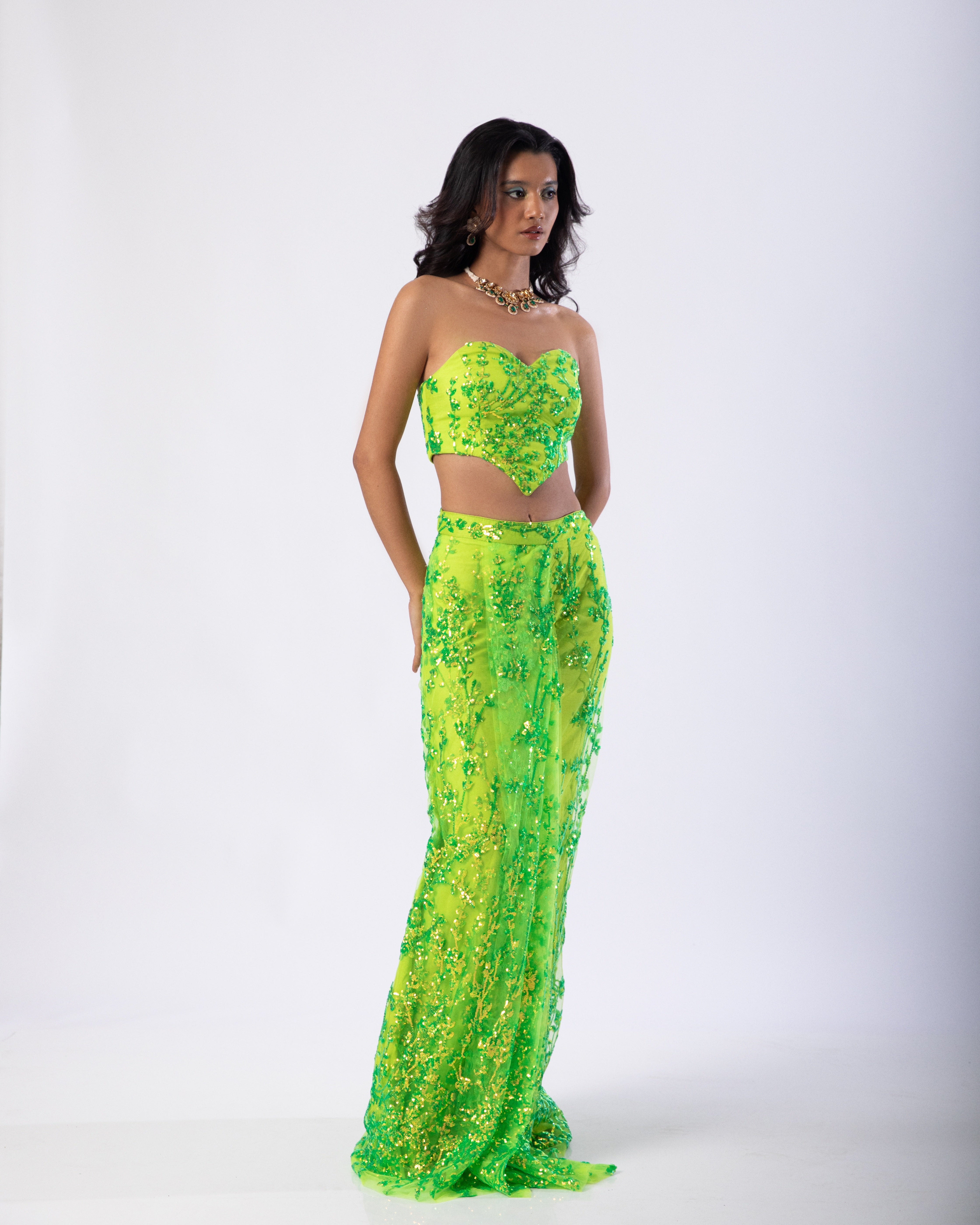 Fluorescent Green Sheza Skirt and Blouse Co-ord Set by Label Nonita