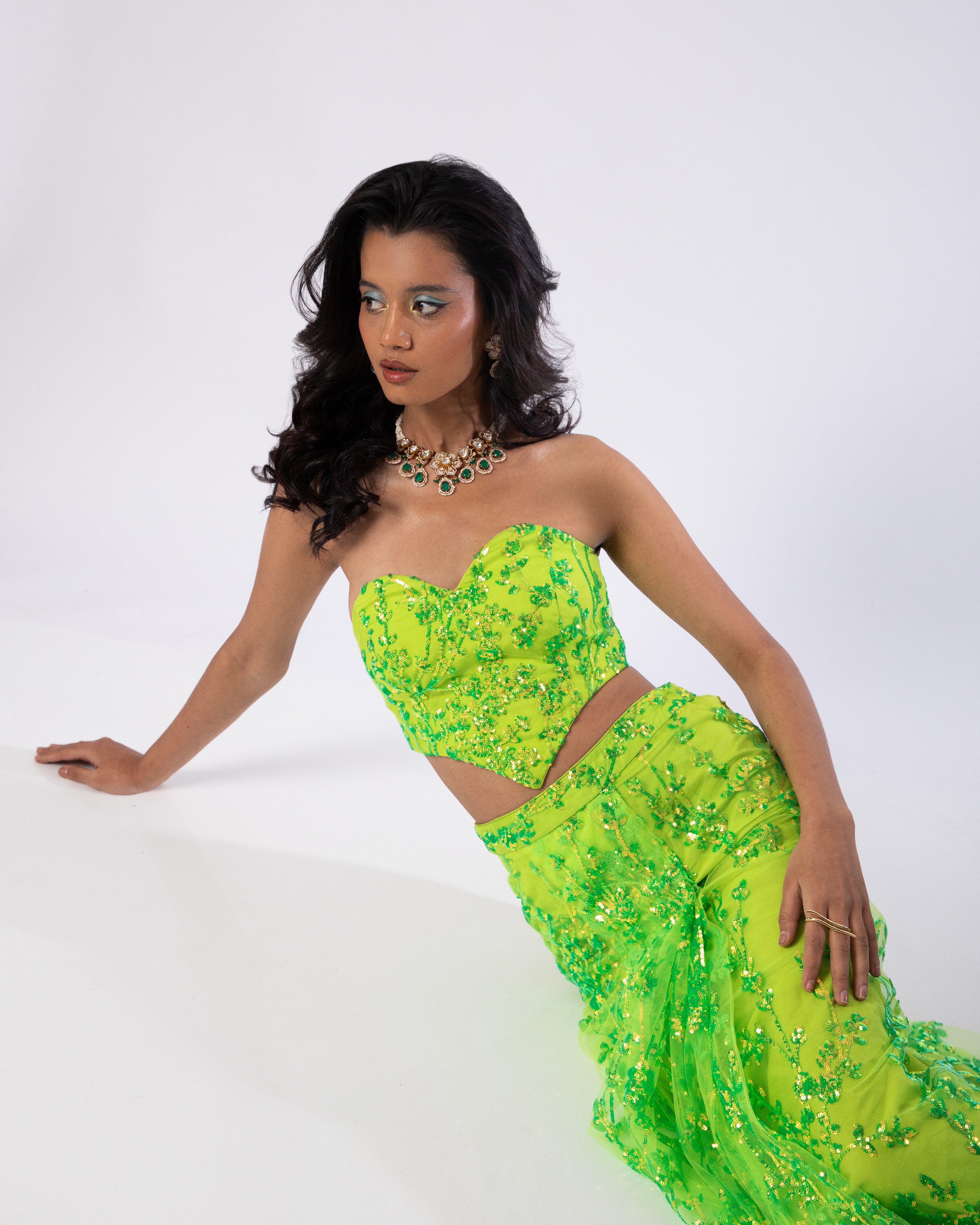 Fluorescent Green Sheza Skirt and Blouse Co-ord Set by Label Nonita