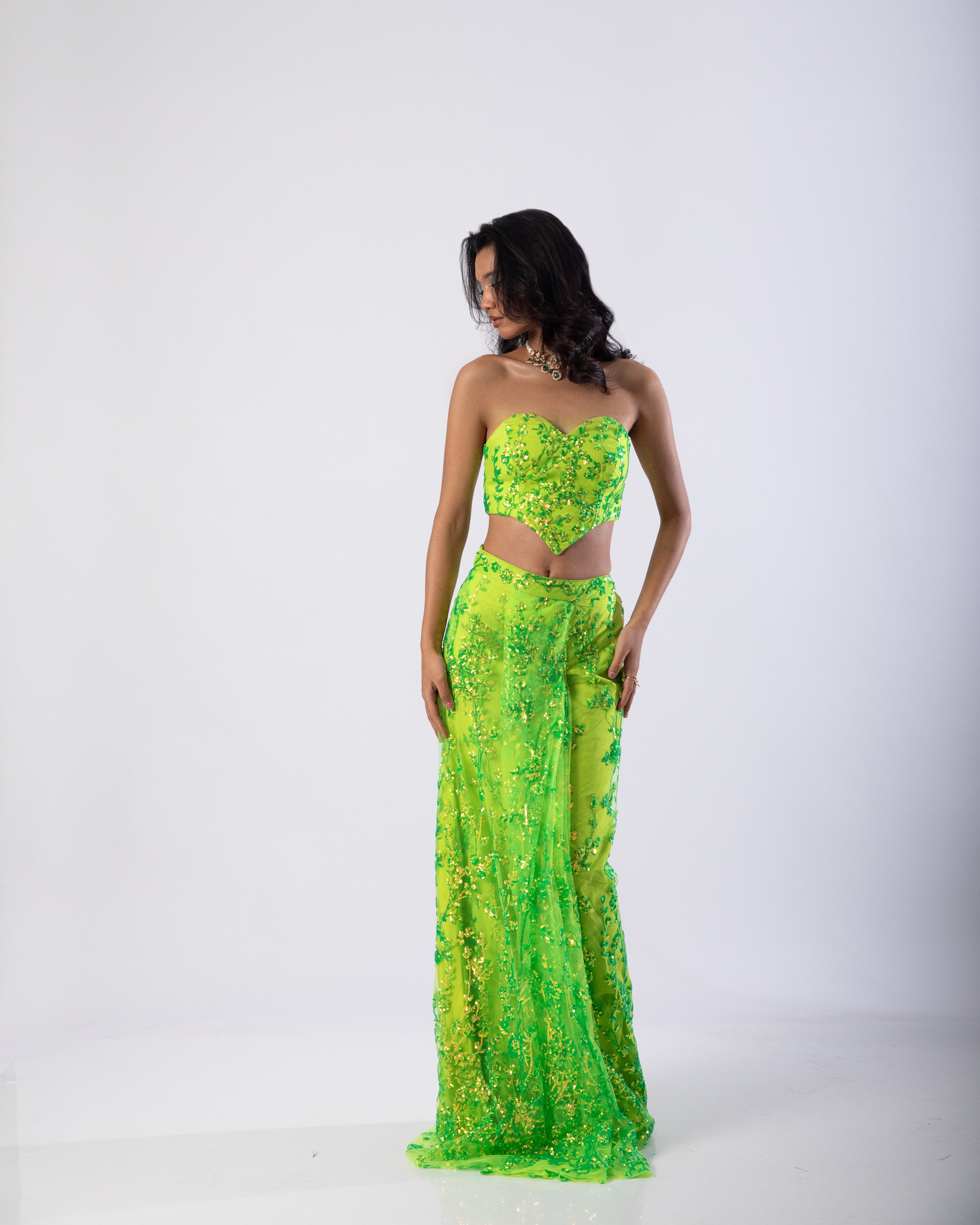 Fluorescent Green Sheza Skirt and Blouse Co-ord Set by Label Nonita