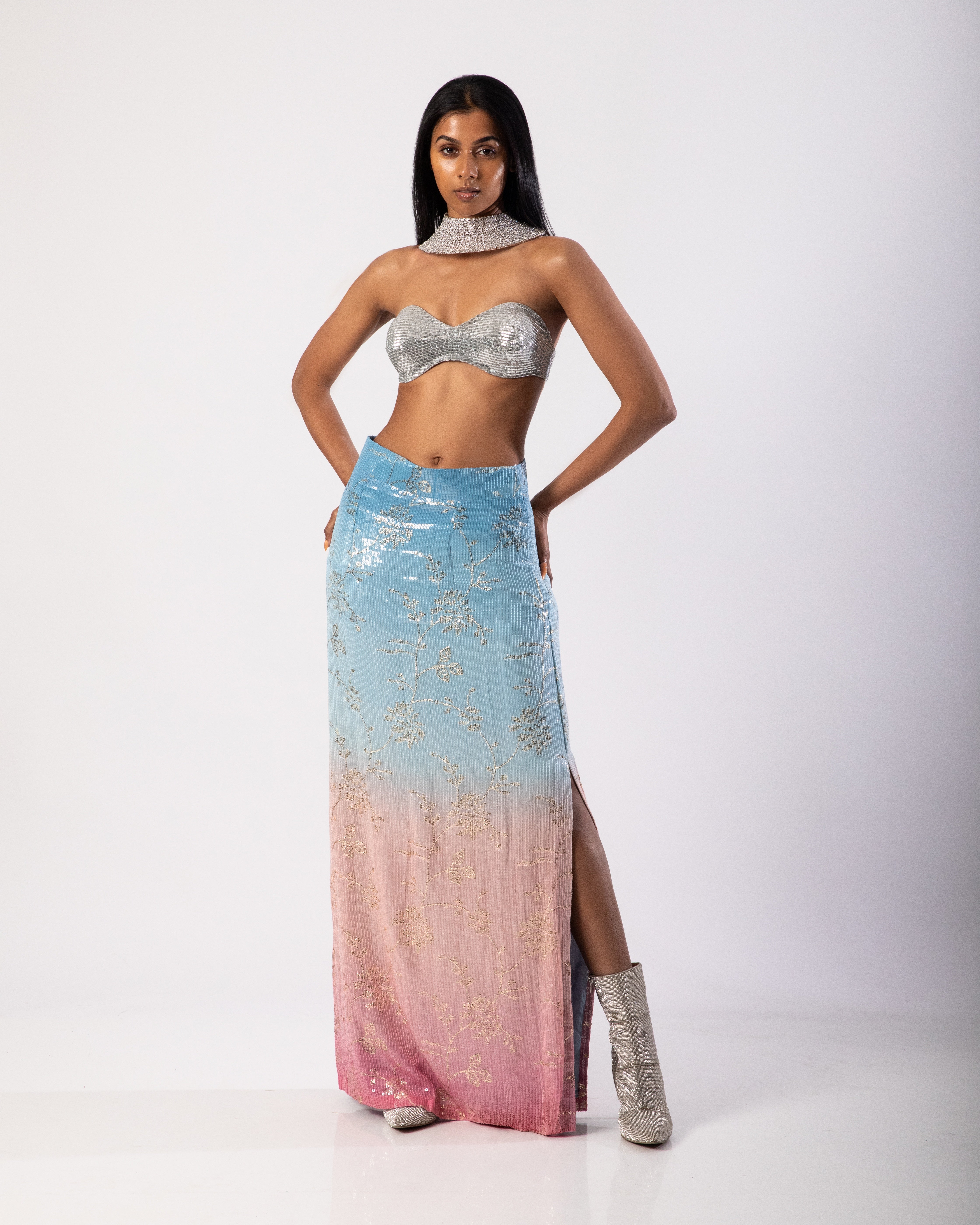 Dual Tone Georgette Light Blue and Pink Sequin Side Slit Skirt with Silver Georgette Bandeau Top
