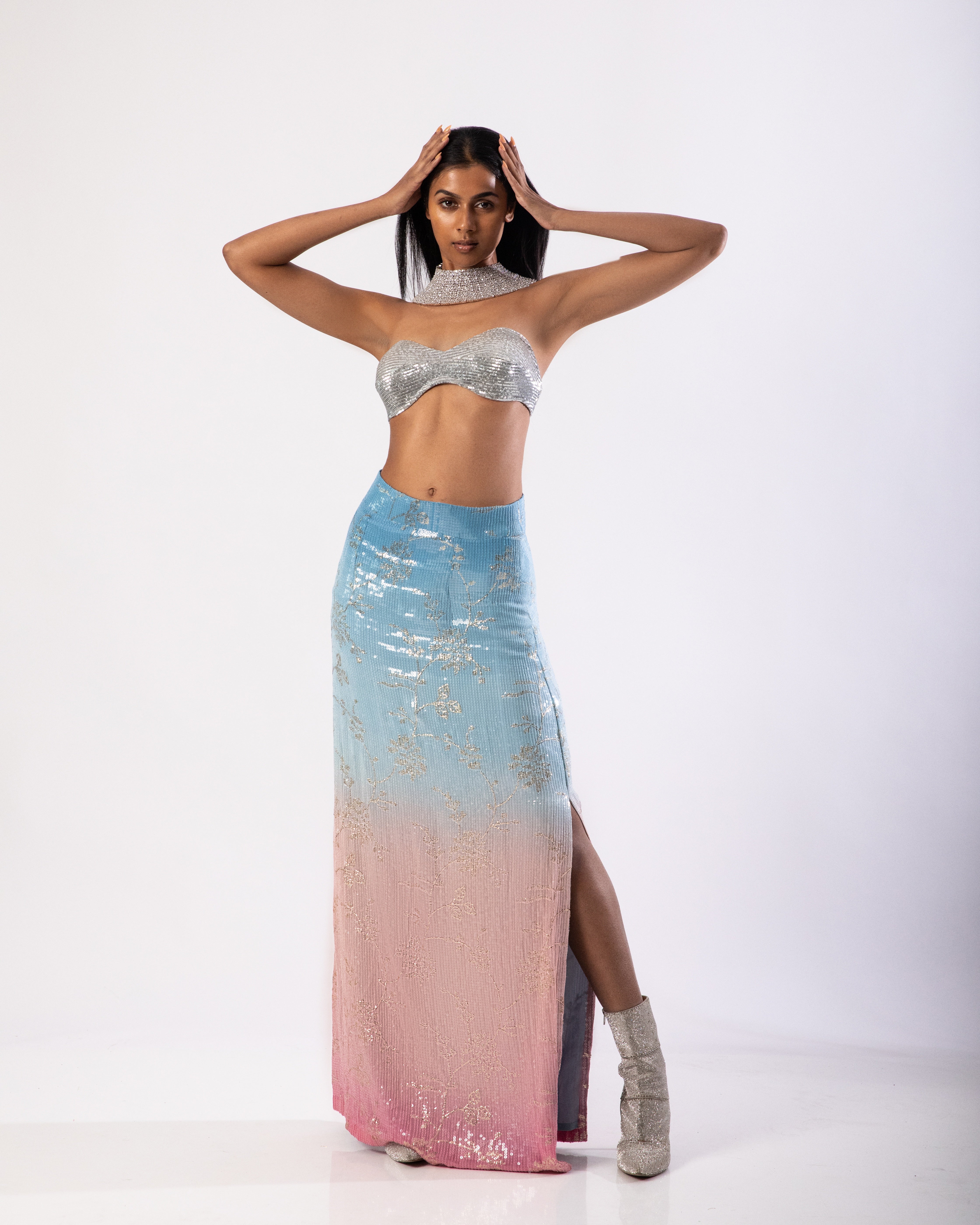 Dual Tone Georgette Light Blue and Pink Sequin Side Slit Skirt with Silver Georgette Bandeau Top