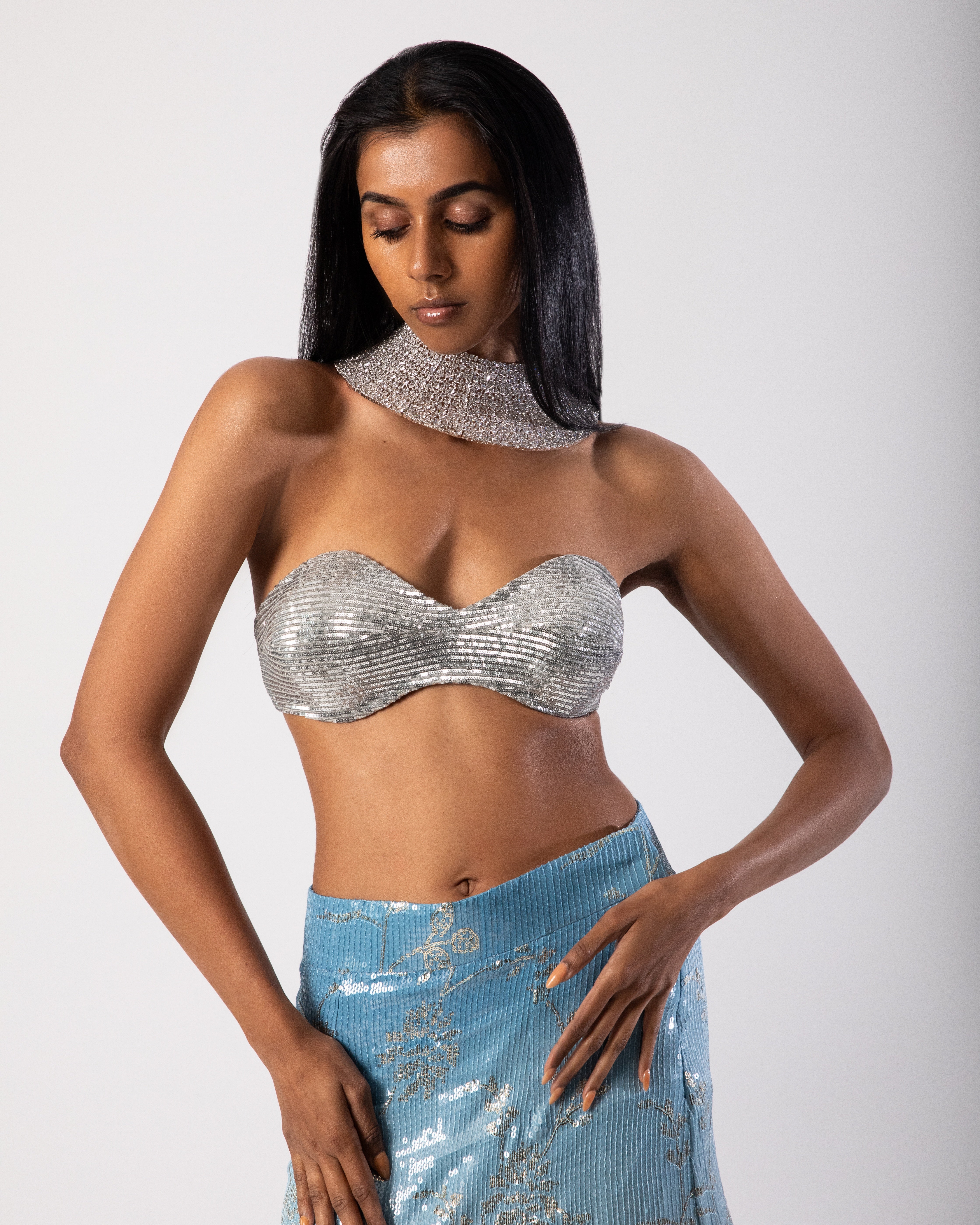 Dual Tone Georgette Light Blue and Pink Sequin Side Slit Skirt with Silver Georgette Bandeau Top