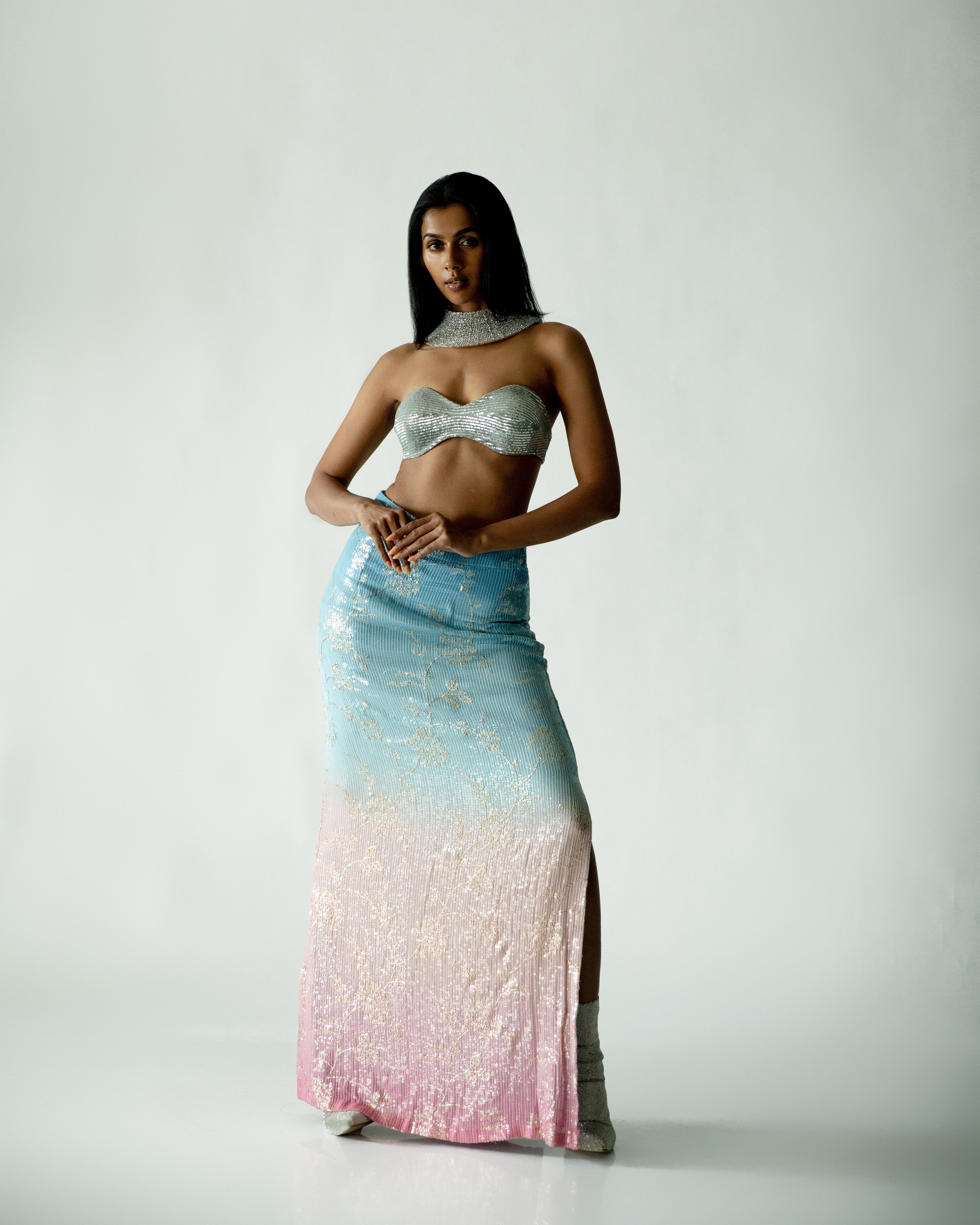 Dual Tone Georgette Light Blue and Pink Sequin Side Slit Skirt with Silver Georgette Bandeau Top