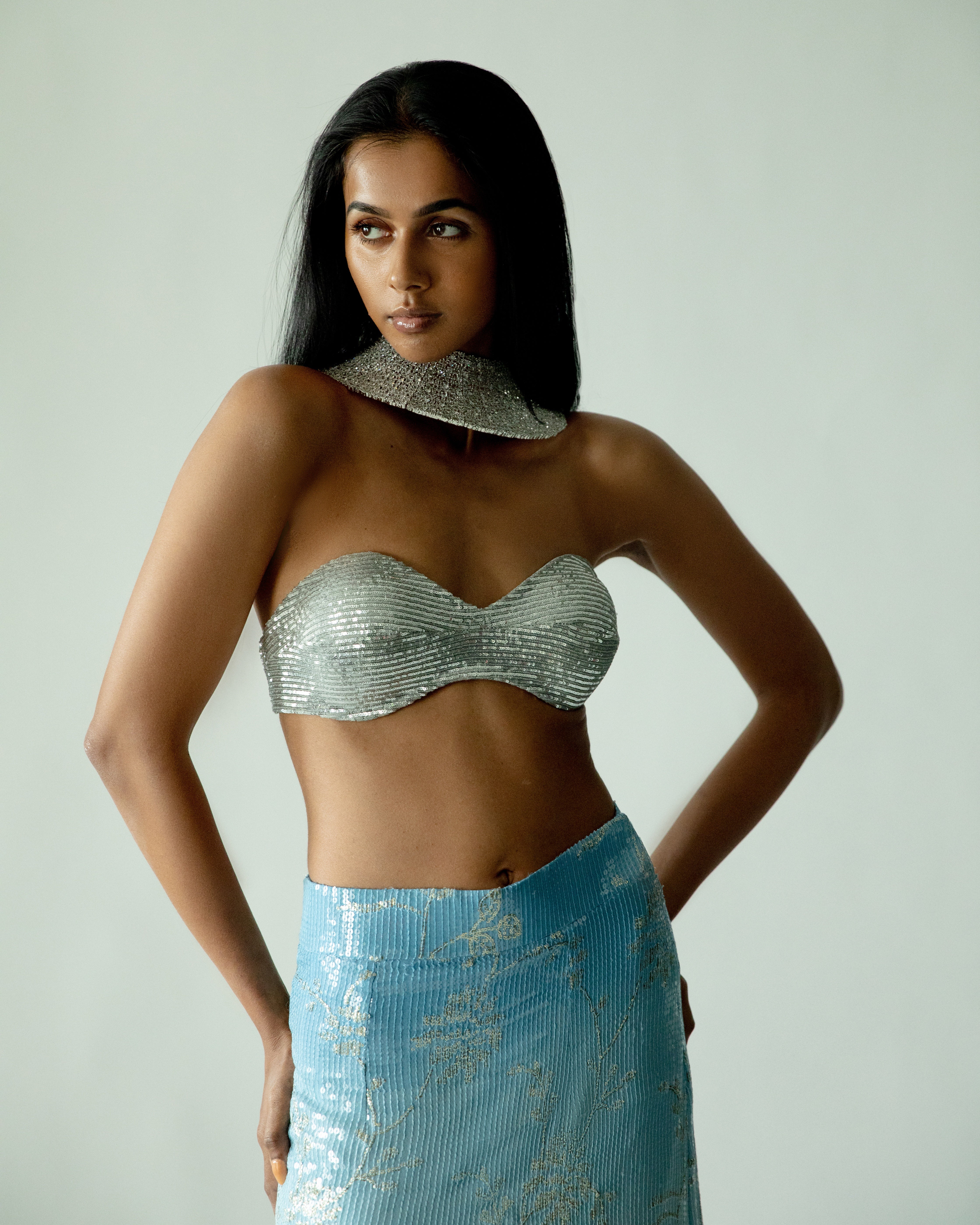 Dual Tone Georgette Light Blue and Pink Sequin Side Slit Skirt with Silver Georgette Bandeau Top