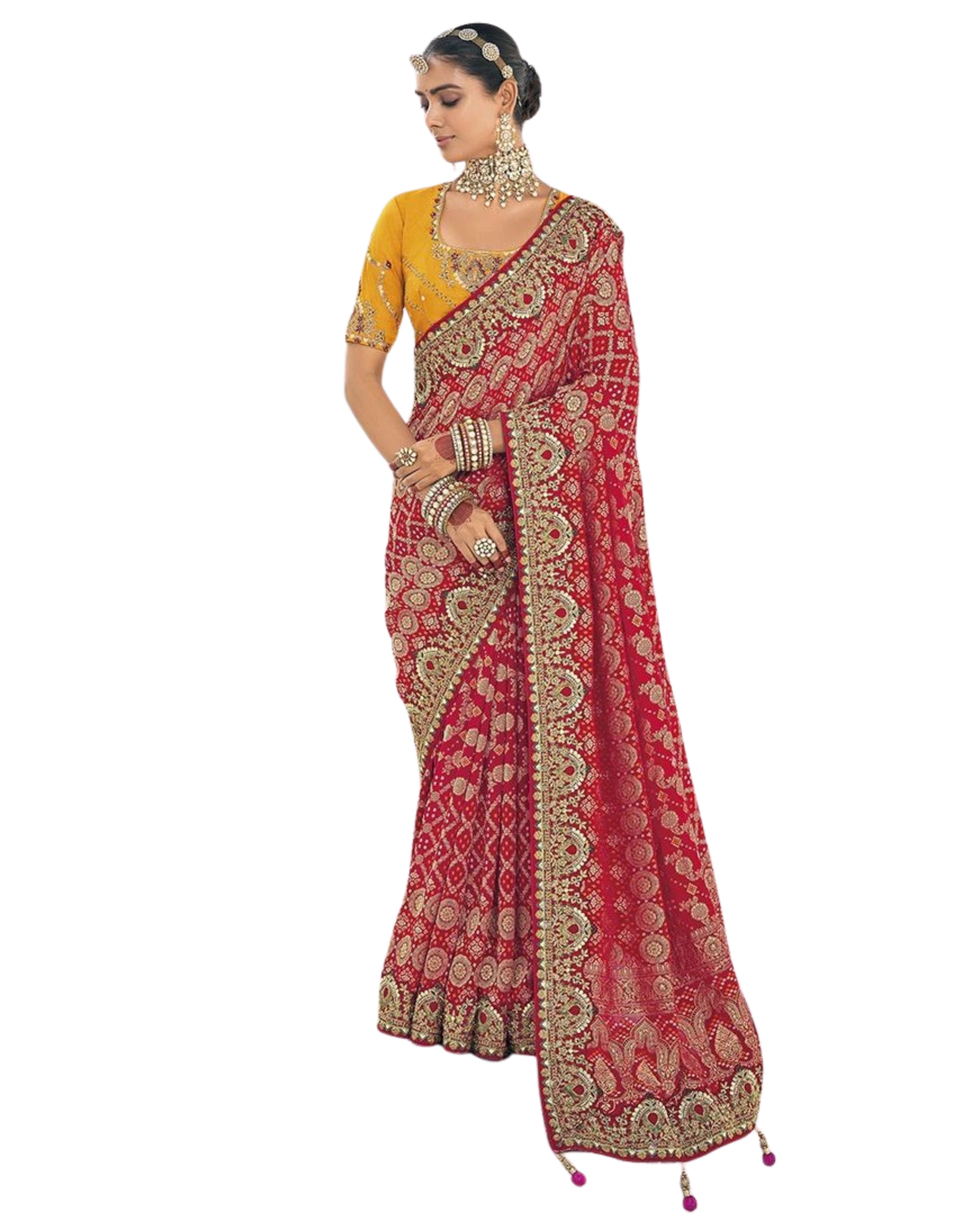 Red Bandhani Georgette Saree with Intricate Zari Embroidery & Yellow Embroidered Blouse