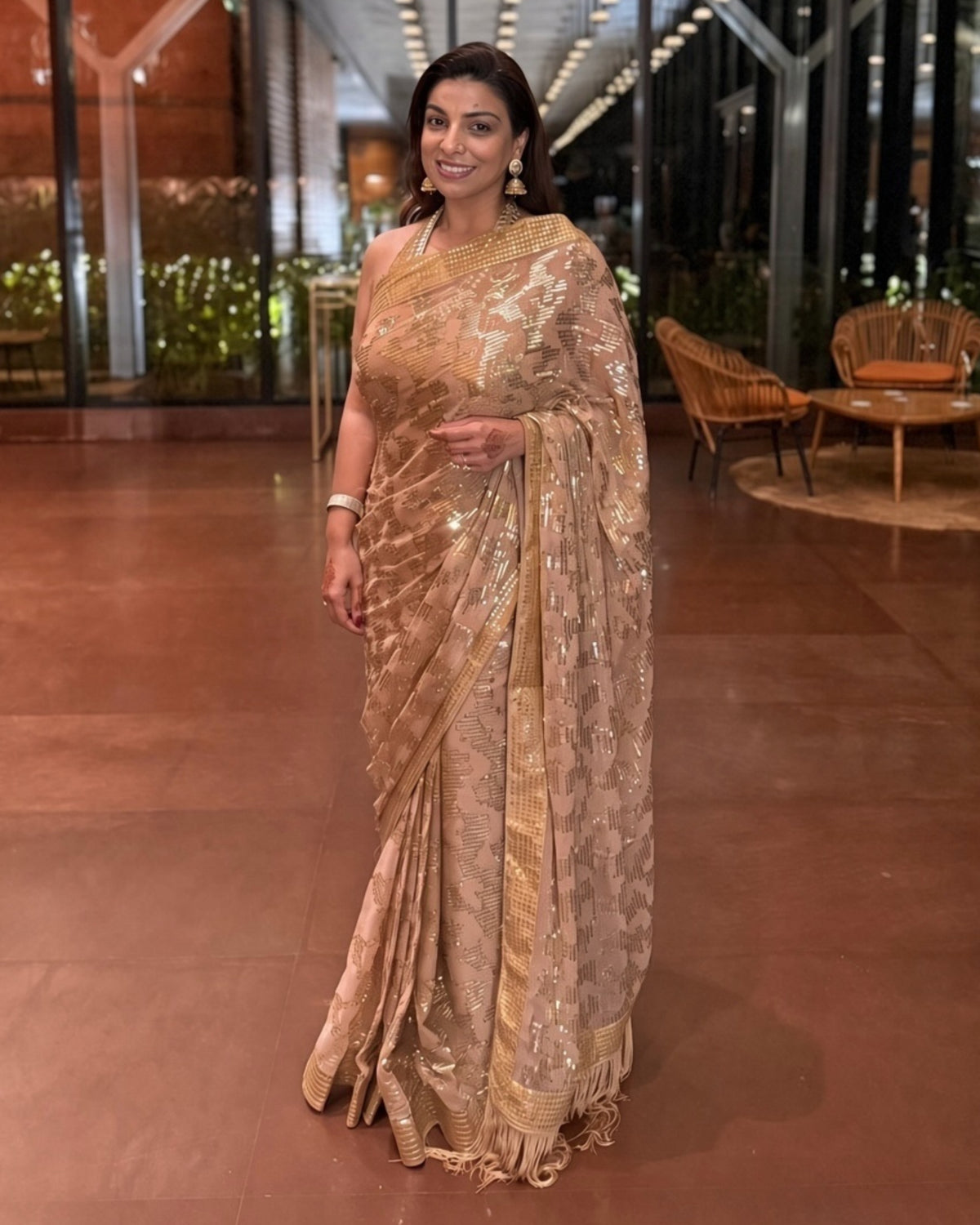Gold Georgette Saree with All Over Heavy Sequin Brocade Borders Embroidery and Matching Sequin Blouse