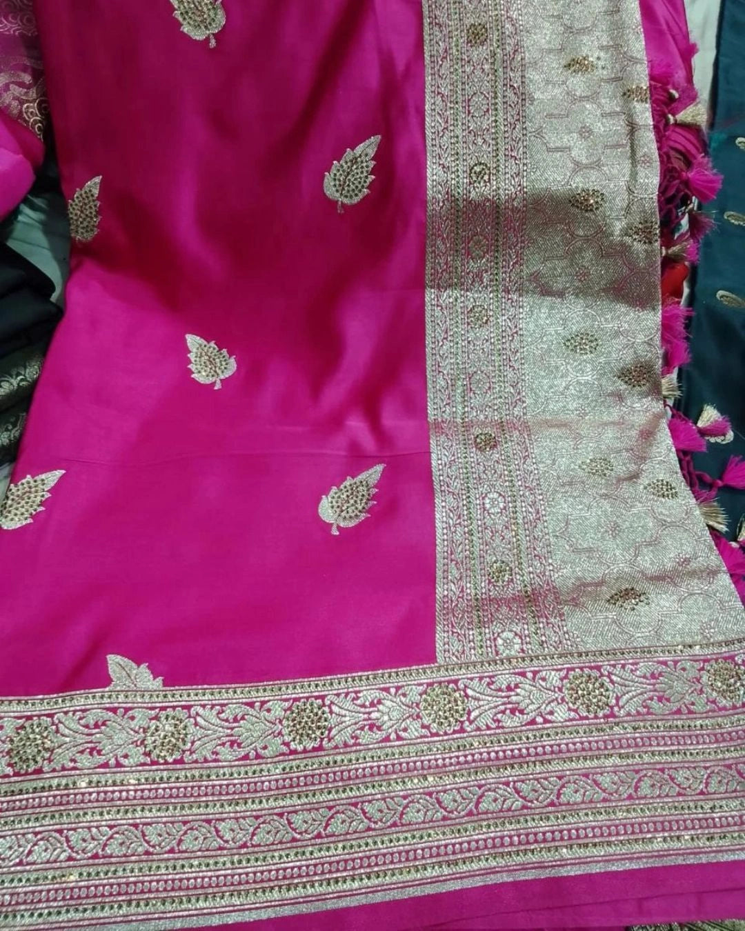 Magenta Pink Pure Banarasi Silk Saree with All-Over Gold Zari Border Floral Leaf Design and Matching Blouse