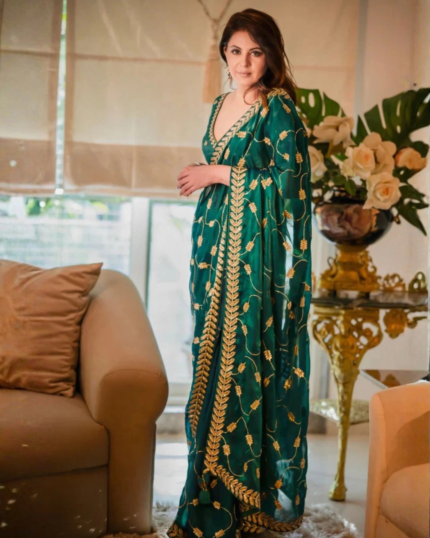 Emerald Green and Gold Leaf Silk Saree with Sequin Thread Embroidery and Matching Embroidered Blouse
