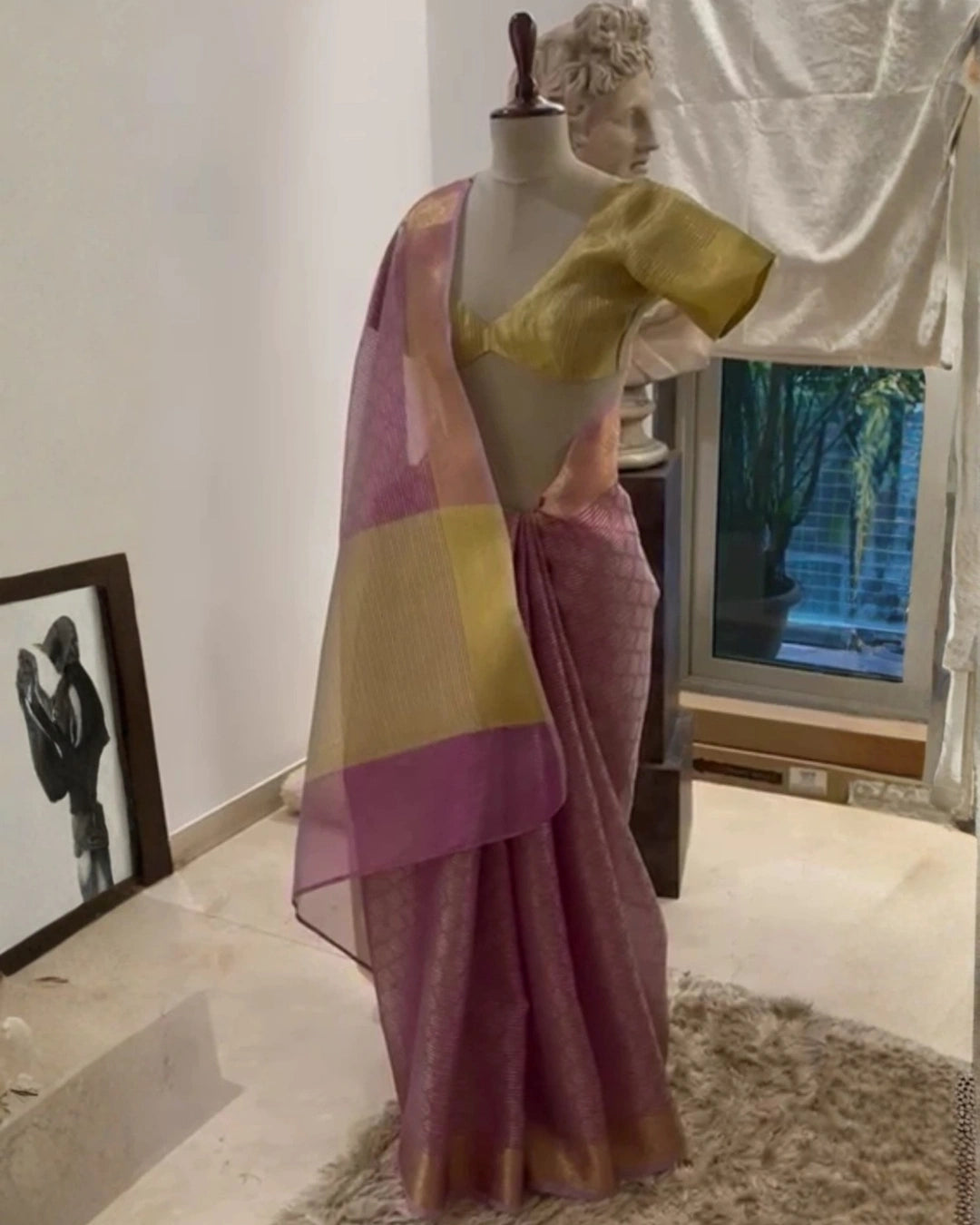 Pink Banarasi Organza Silk Saree with Dual Tone Dotted Checks Pattern and Leaf Design Gold Zari Border