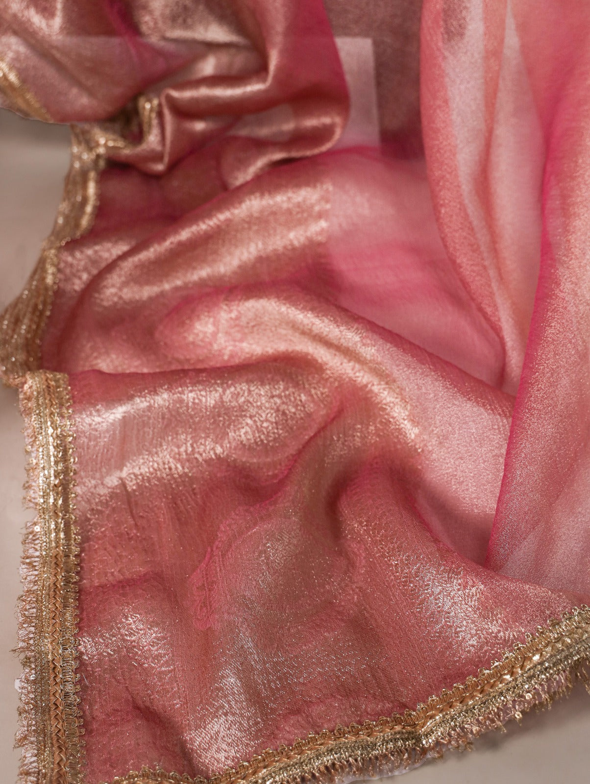 Copper Brown Shimmer Tissue Saree with Zari and Lace Border Work