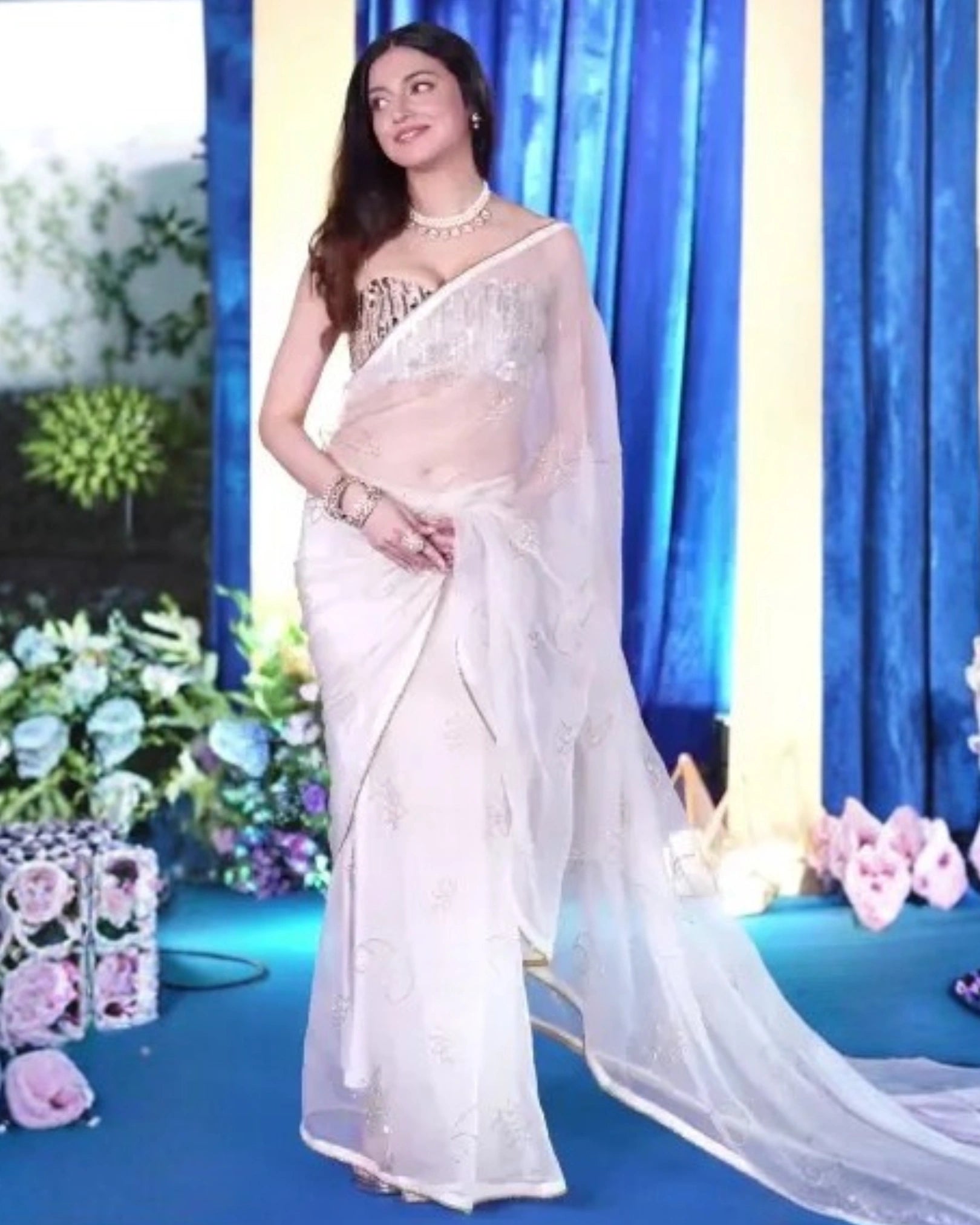White Pure Silk Organza Saree with Hand Embroidery & Custom Strapless Blouse