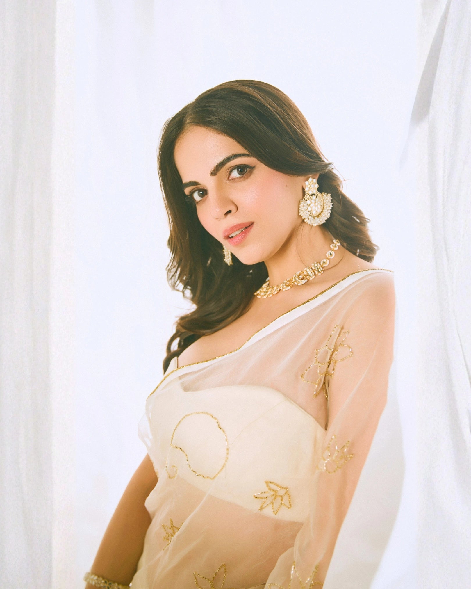 White Pure Silk Organza Saree with Hand Embroidery & White Blouse