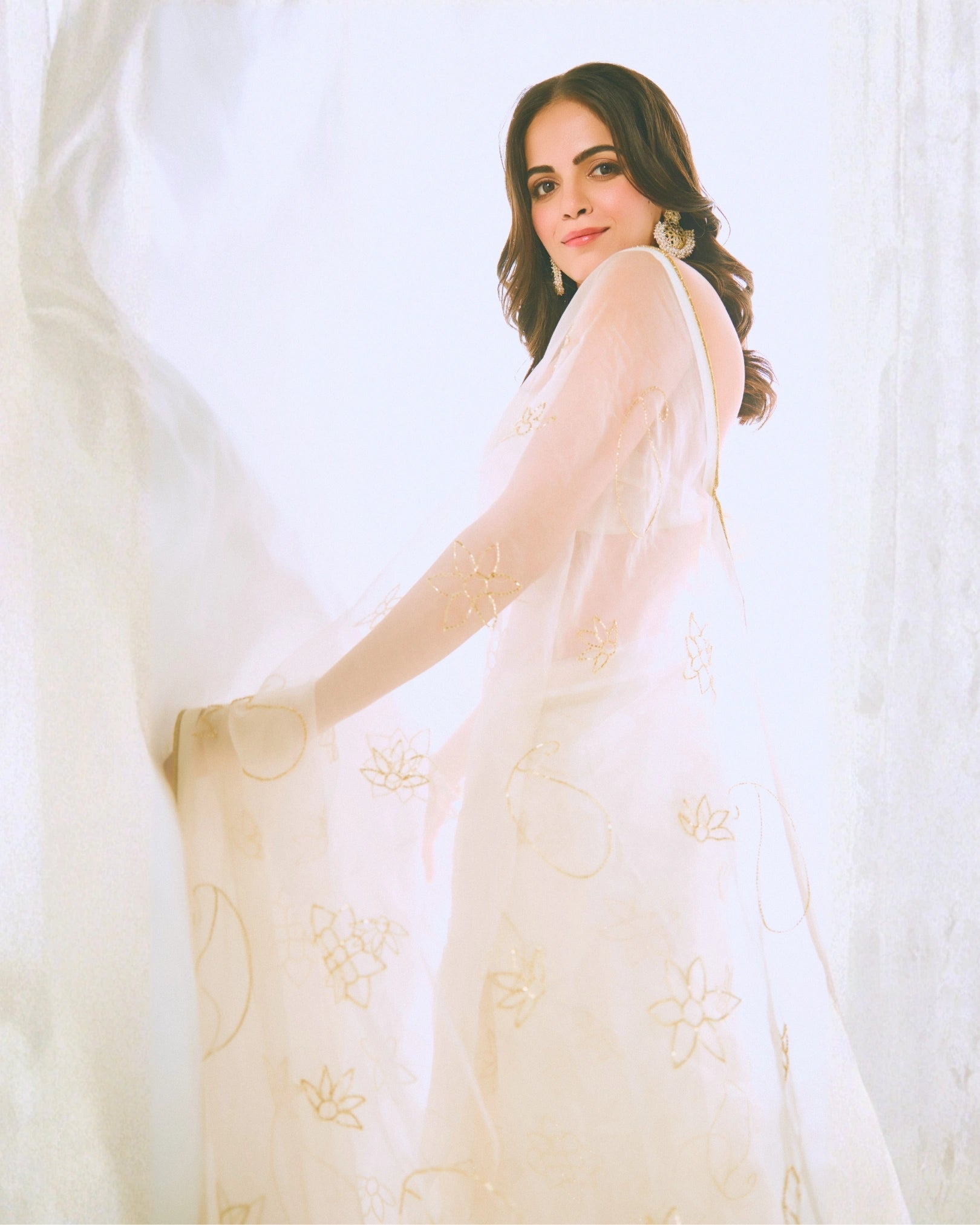 White Pure Silk Organza Saree with Hand Embroidery & White Blouse