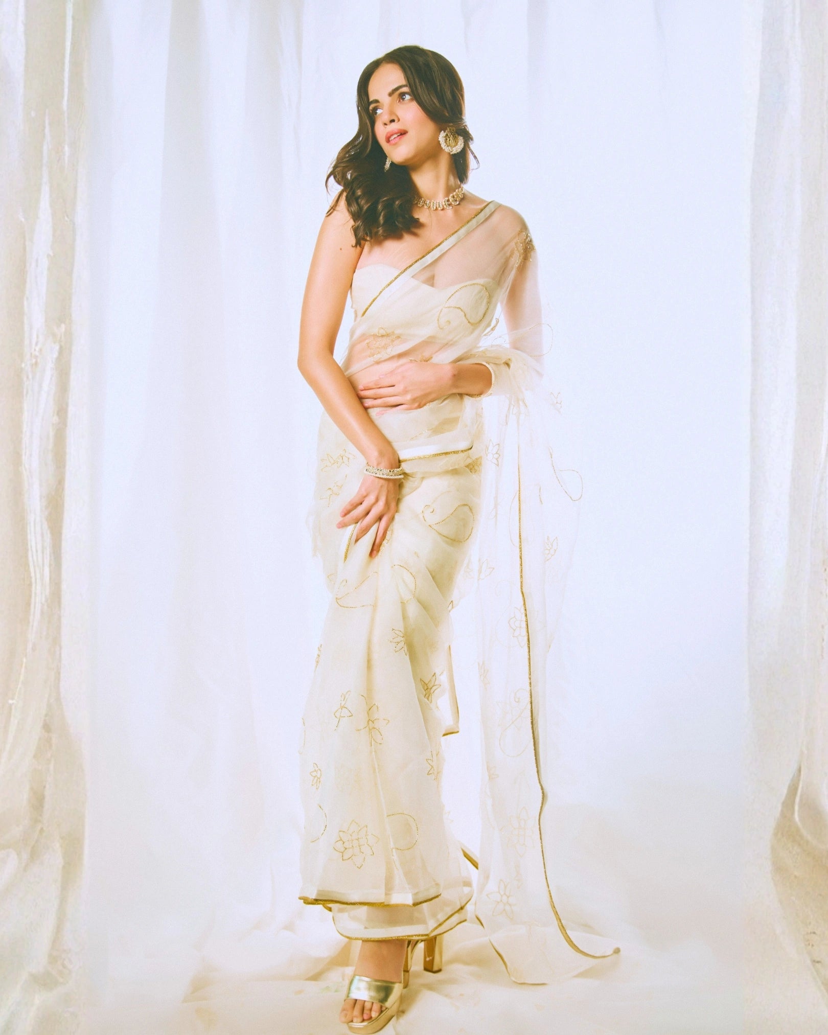 White Pure Silk Organza Saree with Hand Embroidery & White Blouse