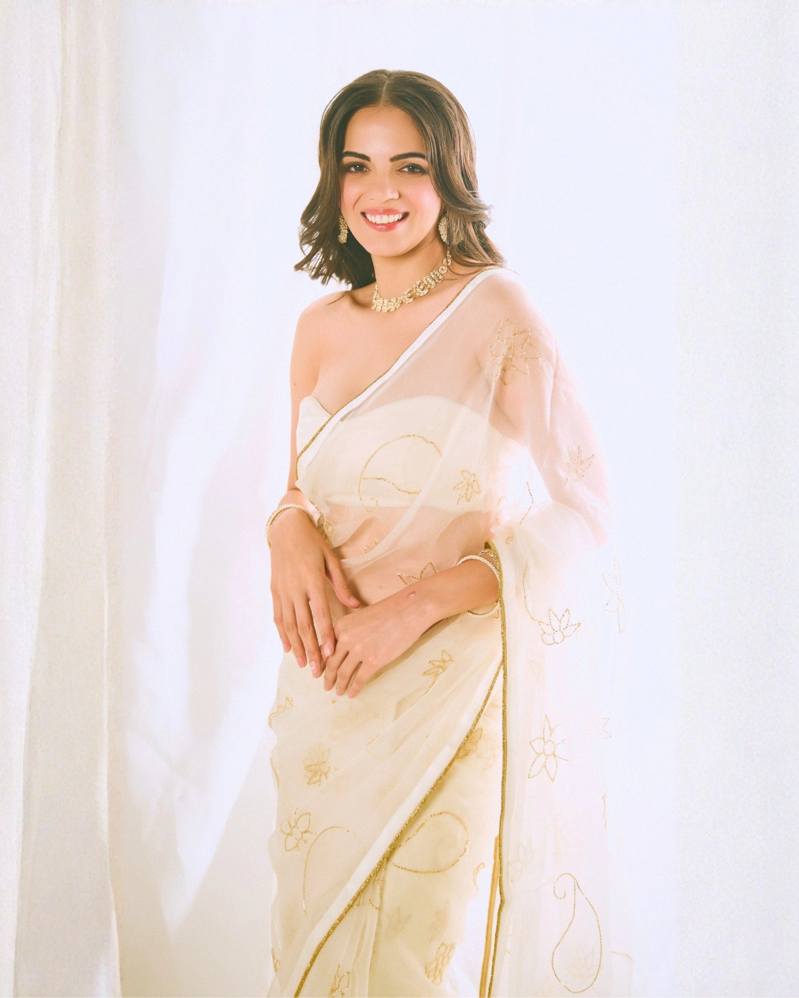 White Pure Silk Organza Saree with Hand Embroidery & White Blouse