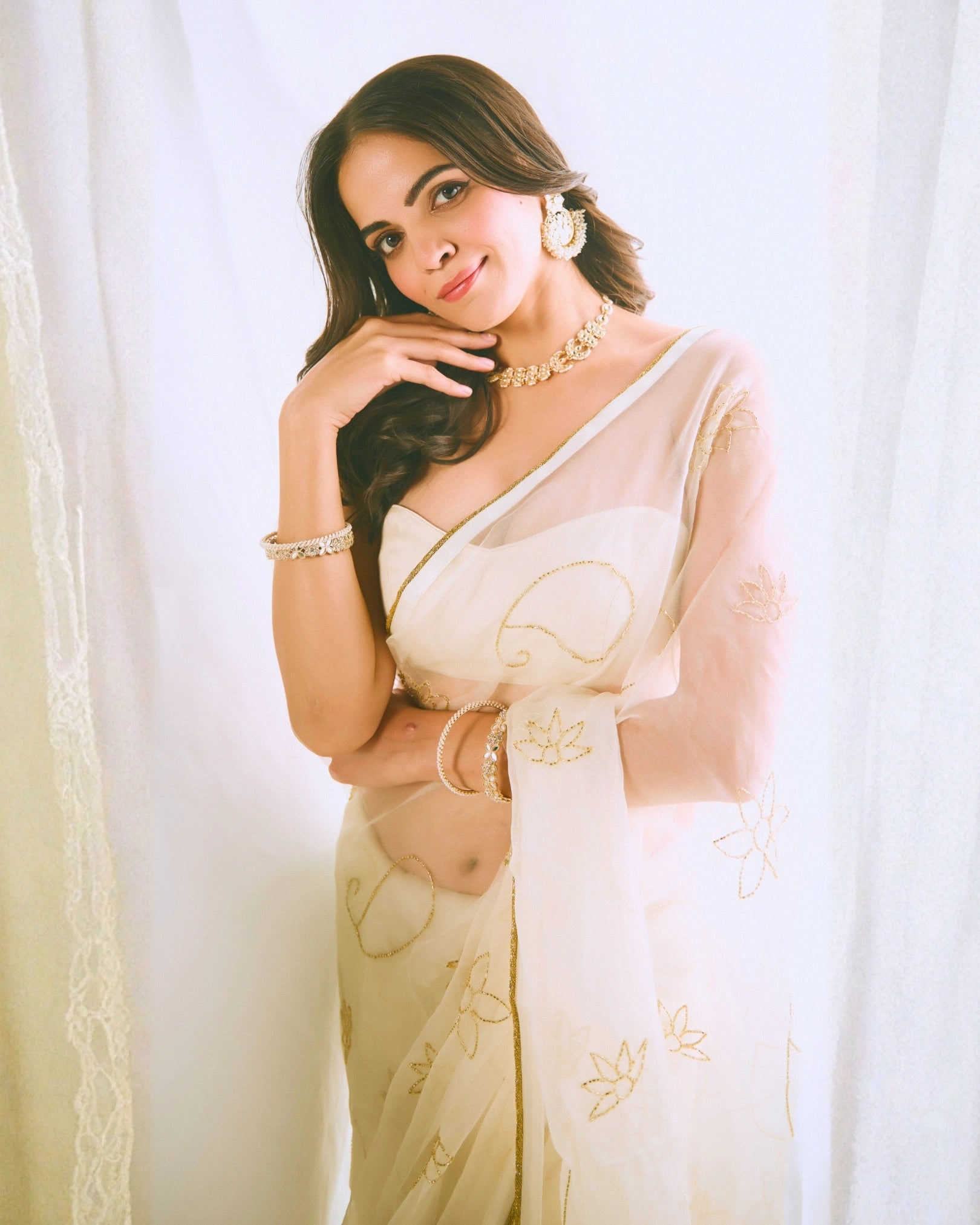 White Pure Silk Organza Saree with Hand Embroidery & White Blouse