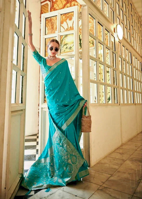 Blue Banarasi Silk Saree with Gold Zari Mirror Work Border and Matching Blouse